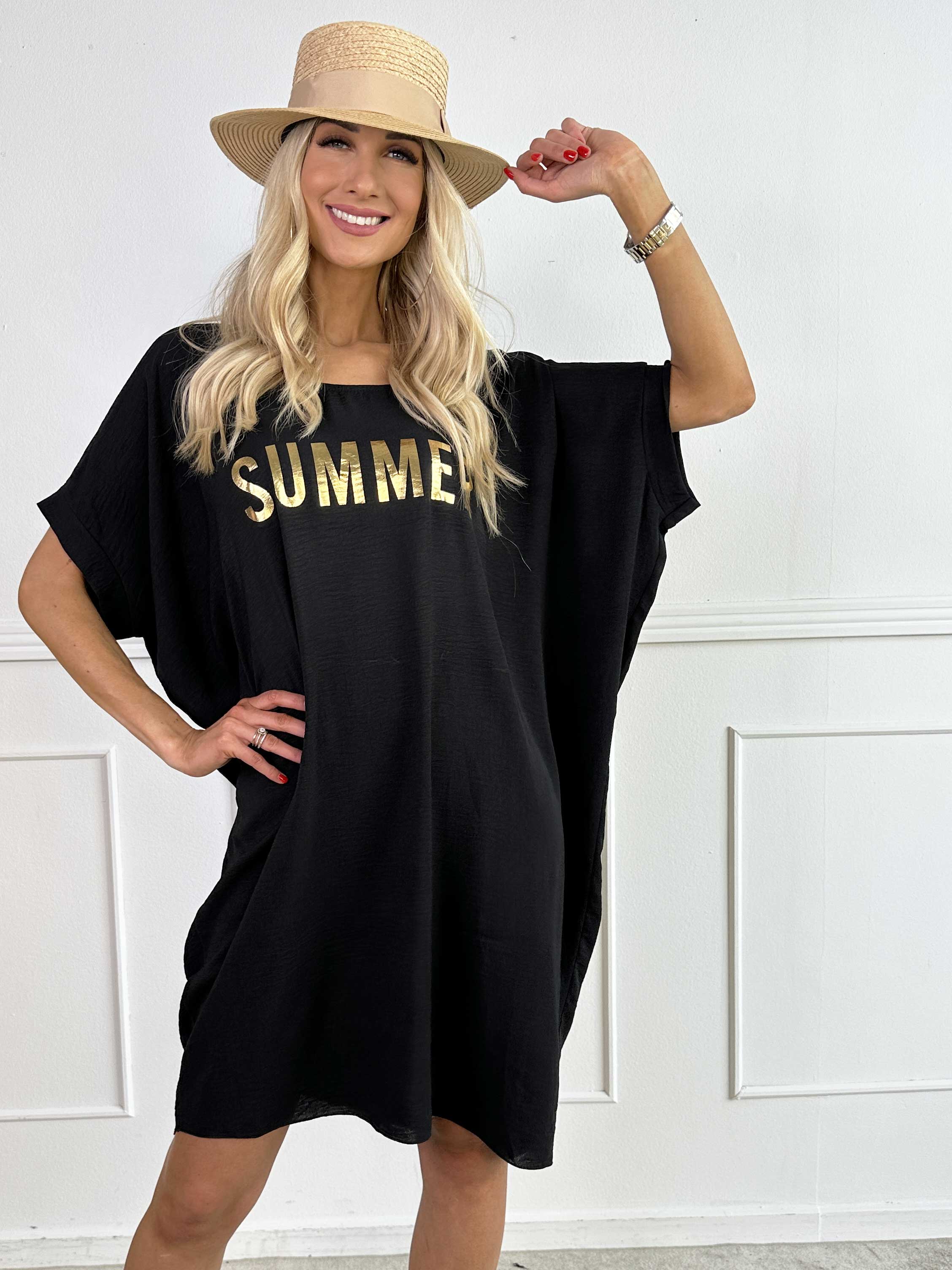 Bine - Söt klänning med lös passform och guldtryck på bröstet