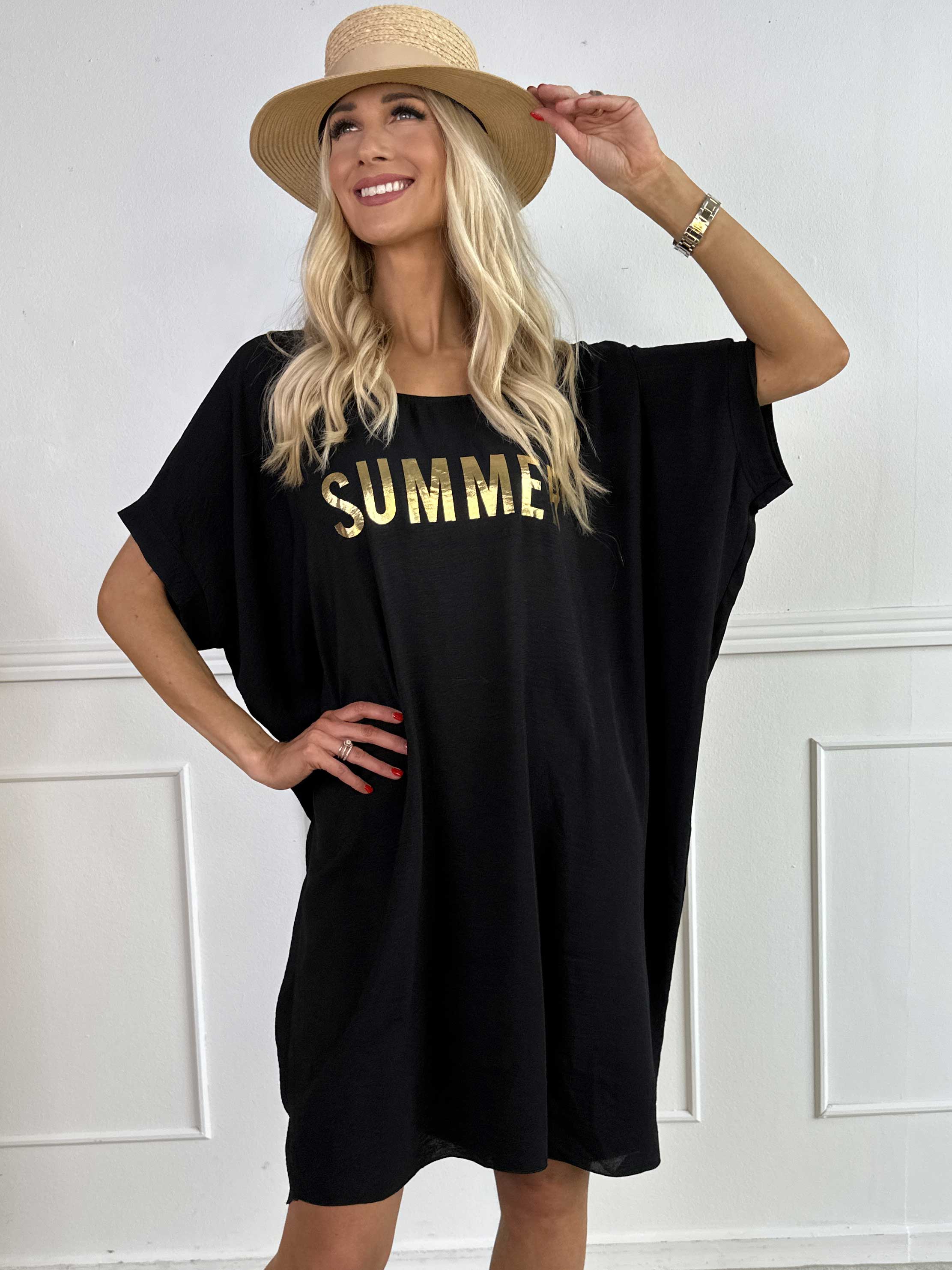 Bine - Söt klänning med lös passform och guldtryck på bröstet