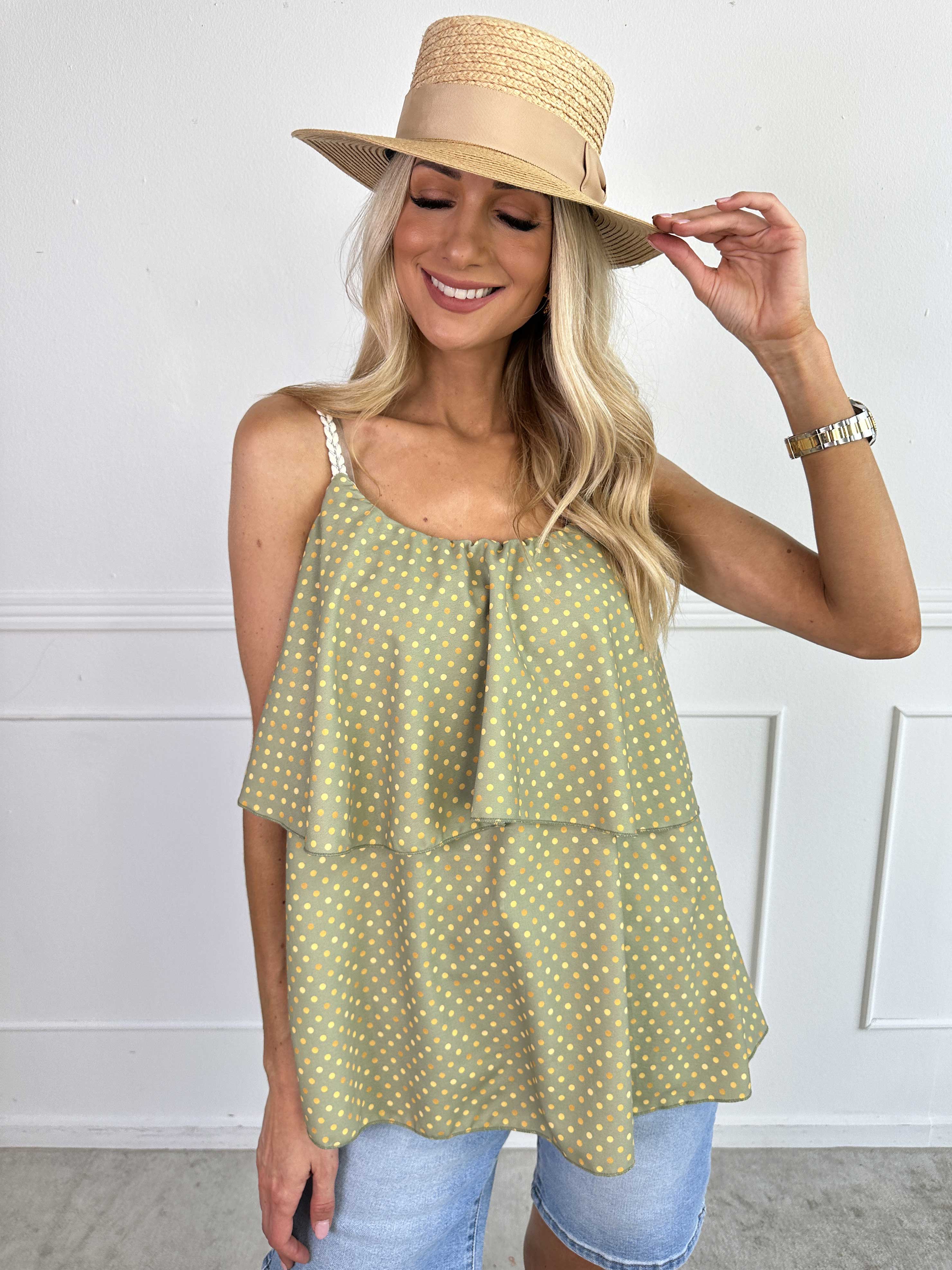 Blanca Dot Top - Prickig topp med volangkant och flätade axelband