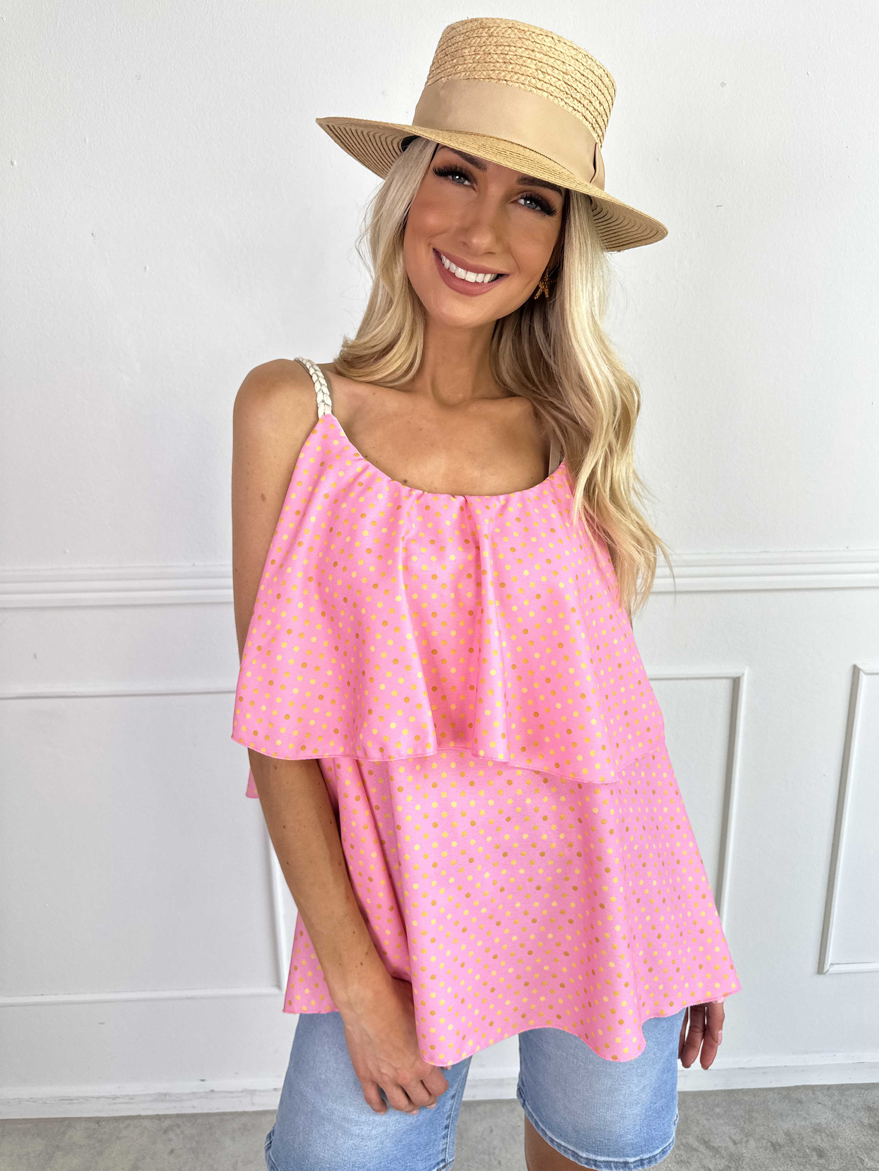 Blanca Dot Top - Prickig topp med volangkant och flätade axelband