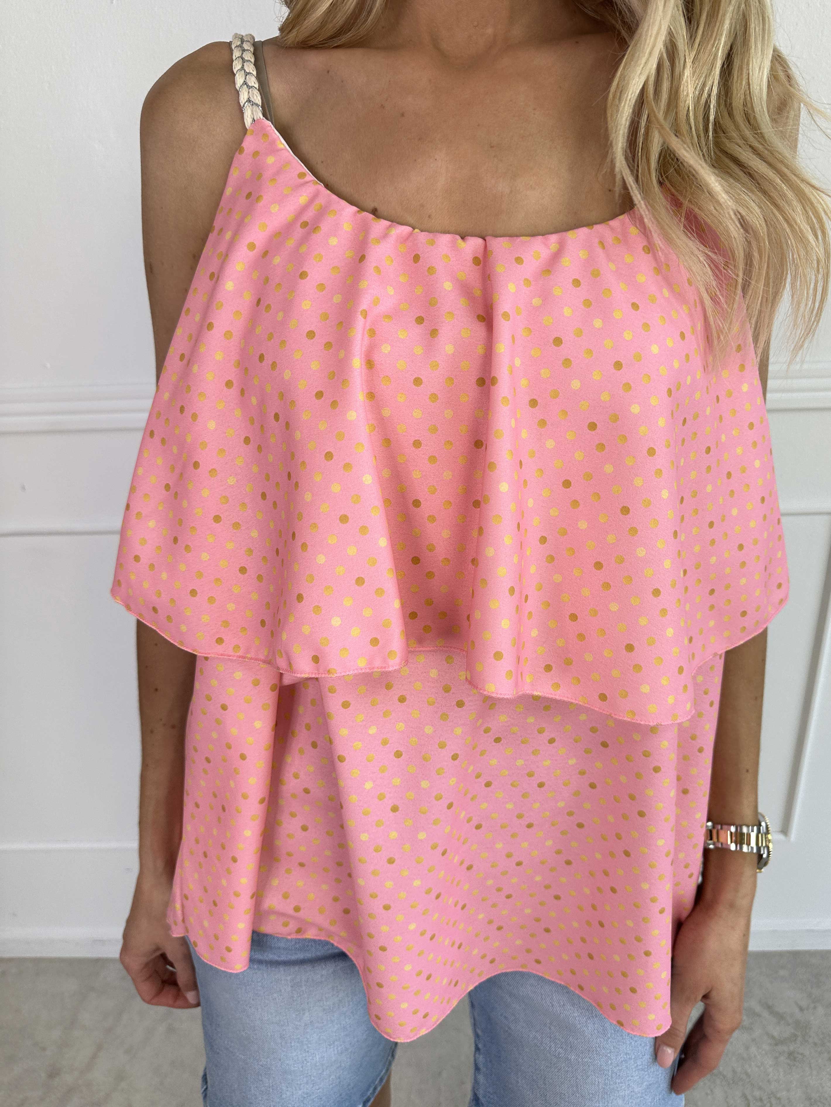 Blanca Dot Top - Prickig topp med volangkant och flätade axelband