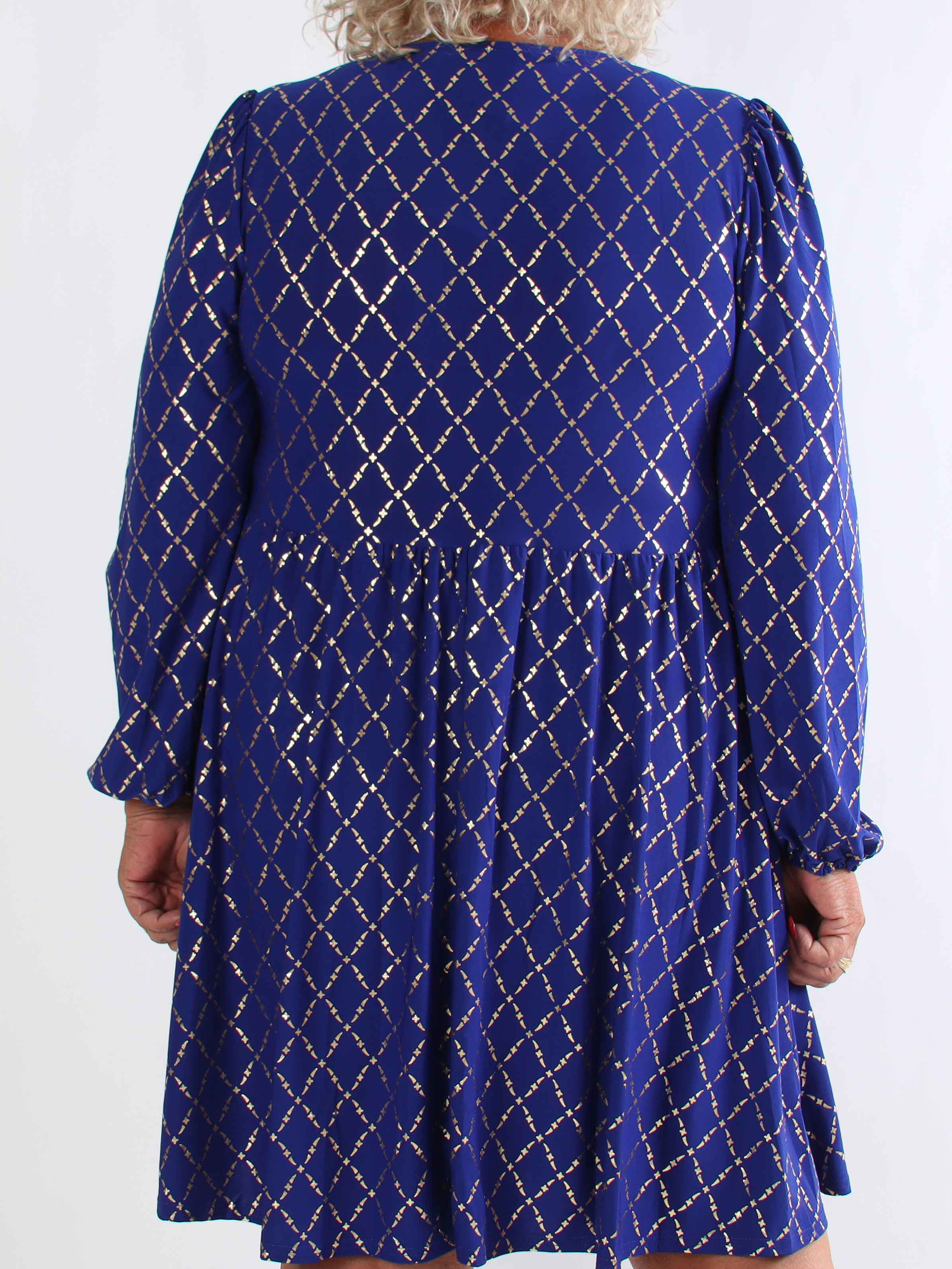 Cersei Gold Check - Plus size babydoll klänning med guldfärgat mönster och rosetter