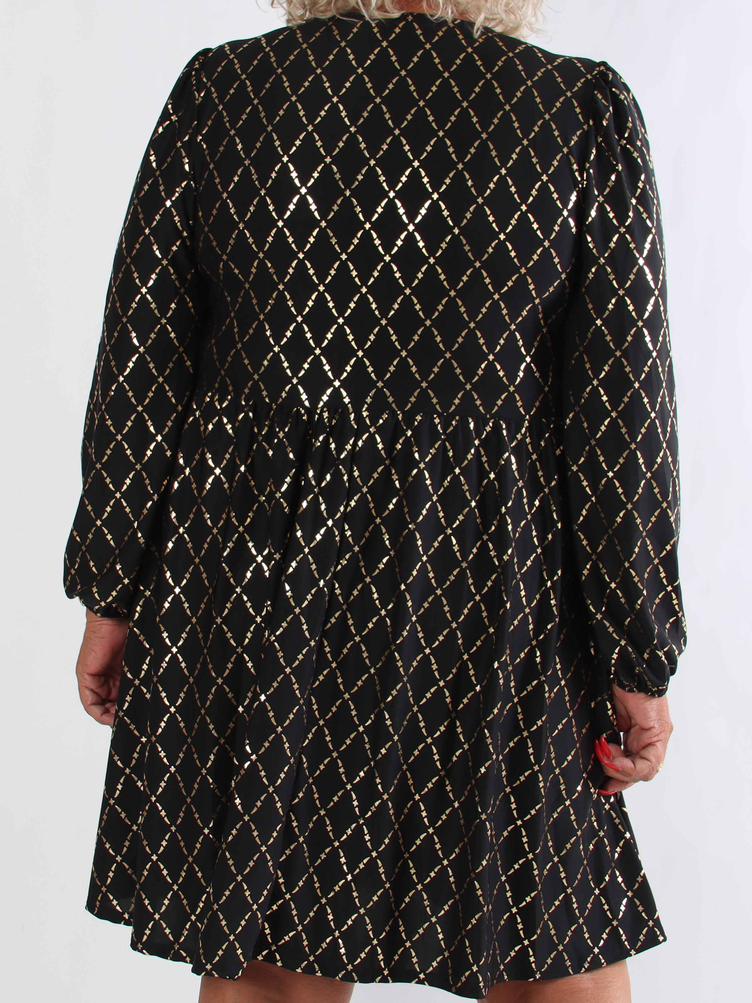 Cersei Gold Check - Plus size babydoll klänning med guldfärgat mönster och rosetter