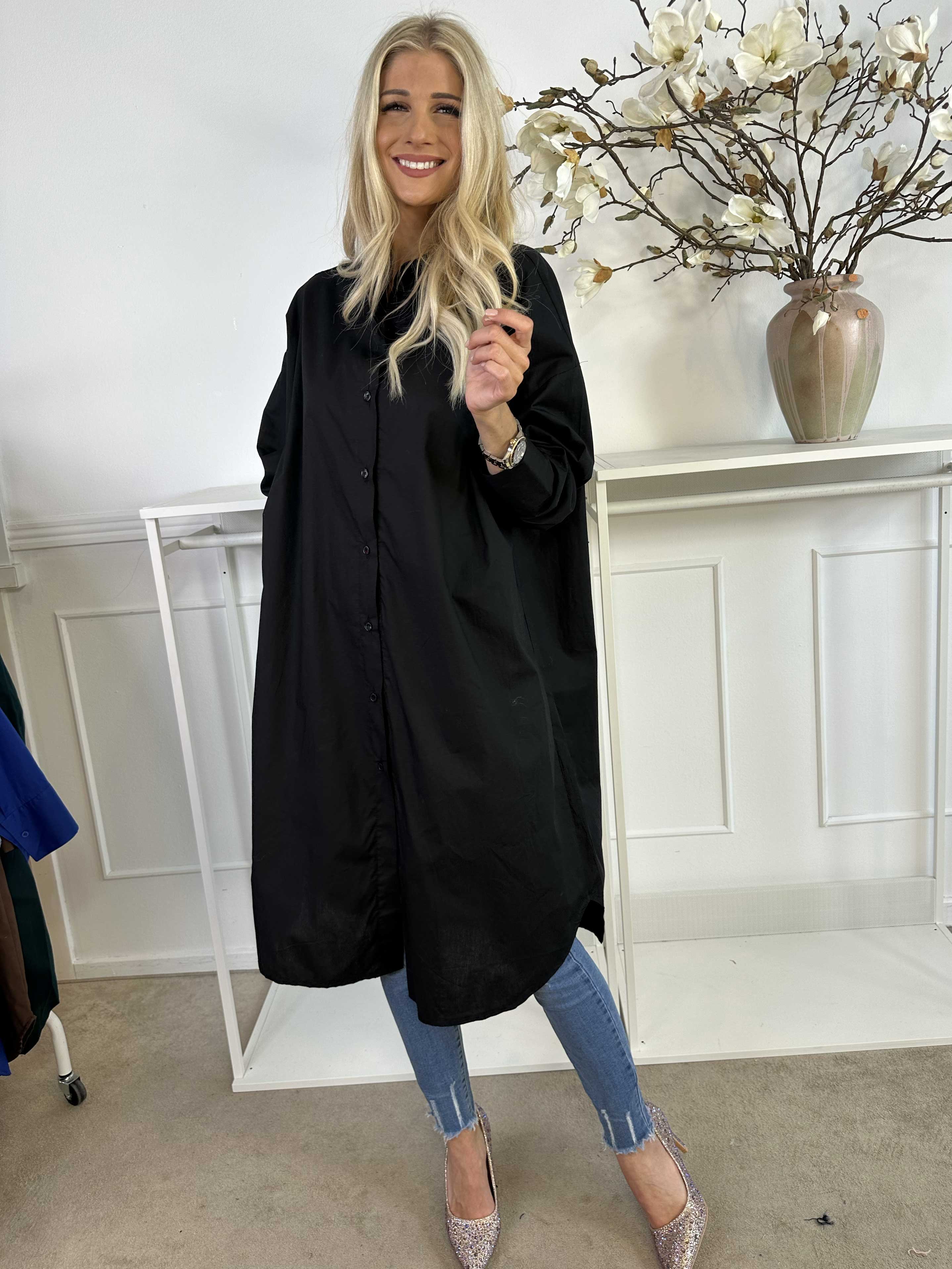 Ceylan - Lång enfärgad skjortklänning i bomull