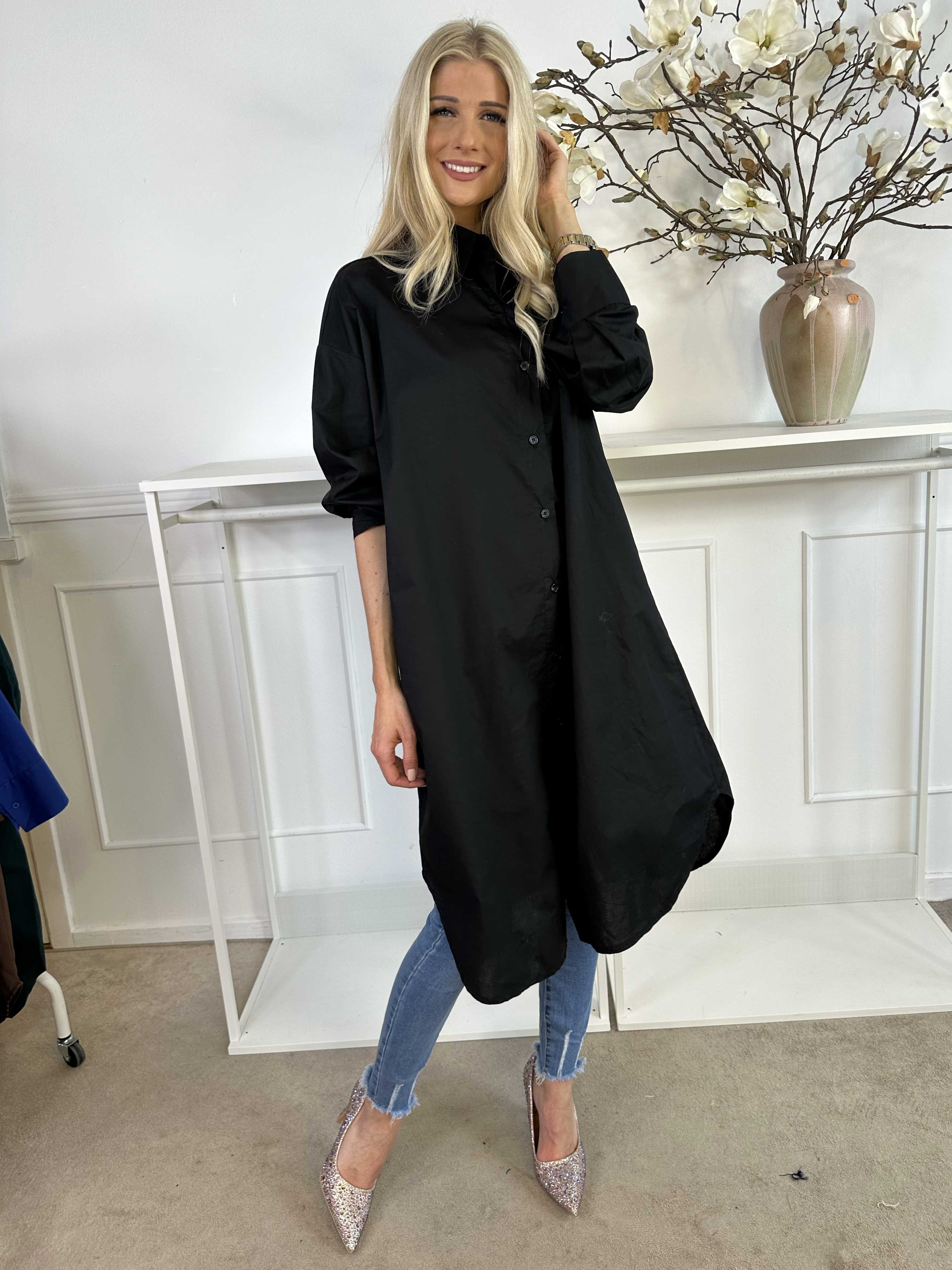 Ceylan - Lång enfärgad skjortklänning i bomull