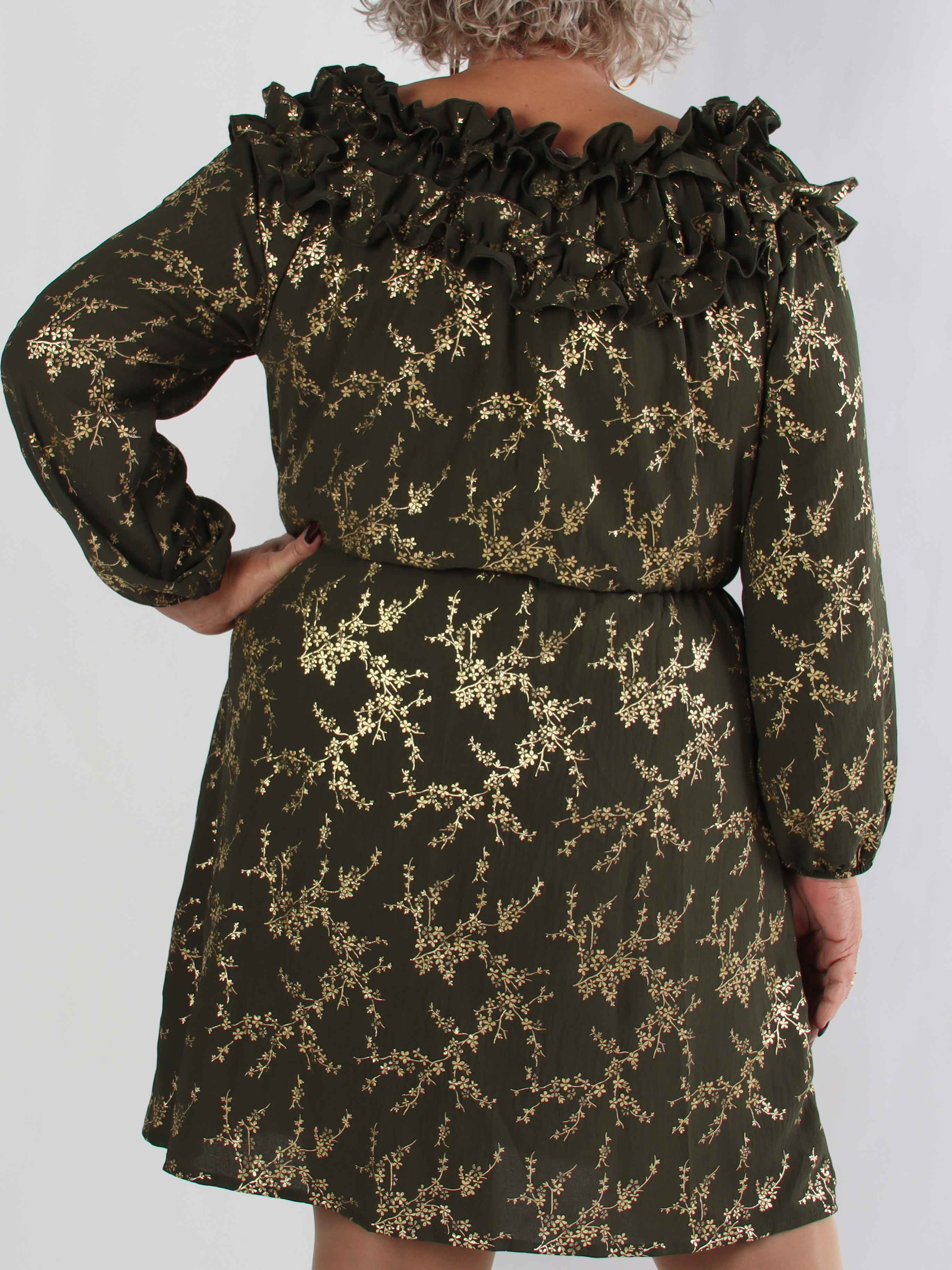 Chili Gold Fitted Dress - Plus size klänning i guldtryck med volangkant och resår i midjan