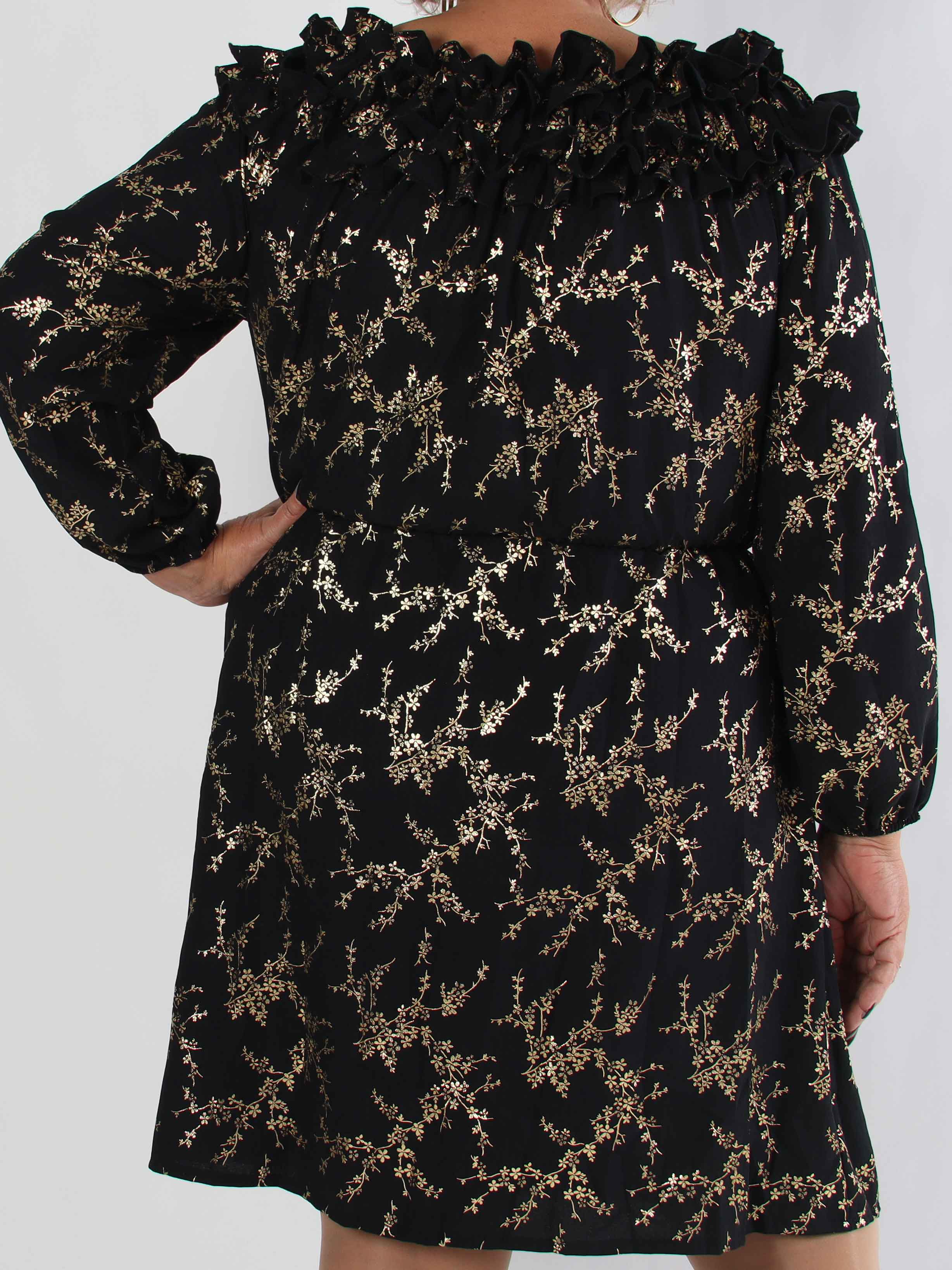 Chili Gold Fitted Dress - Plus size klänning i guldtryck med volangkant och resår i midjan