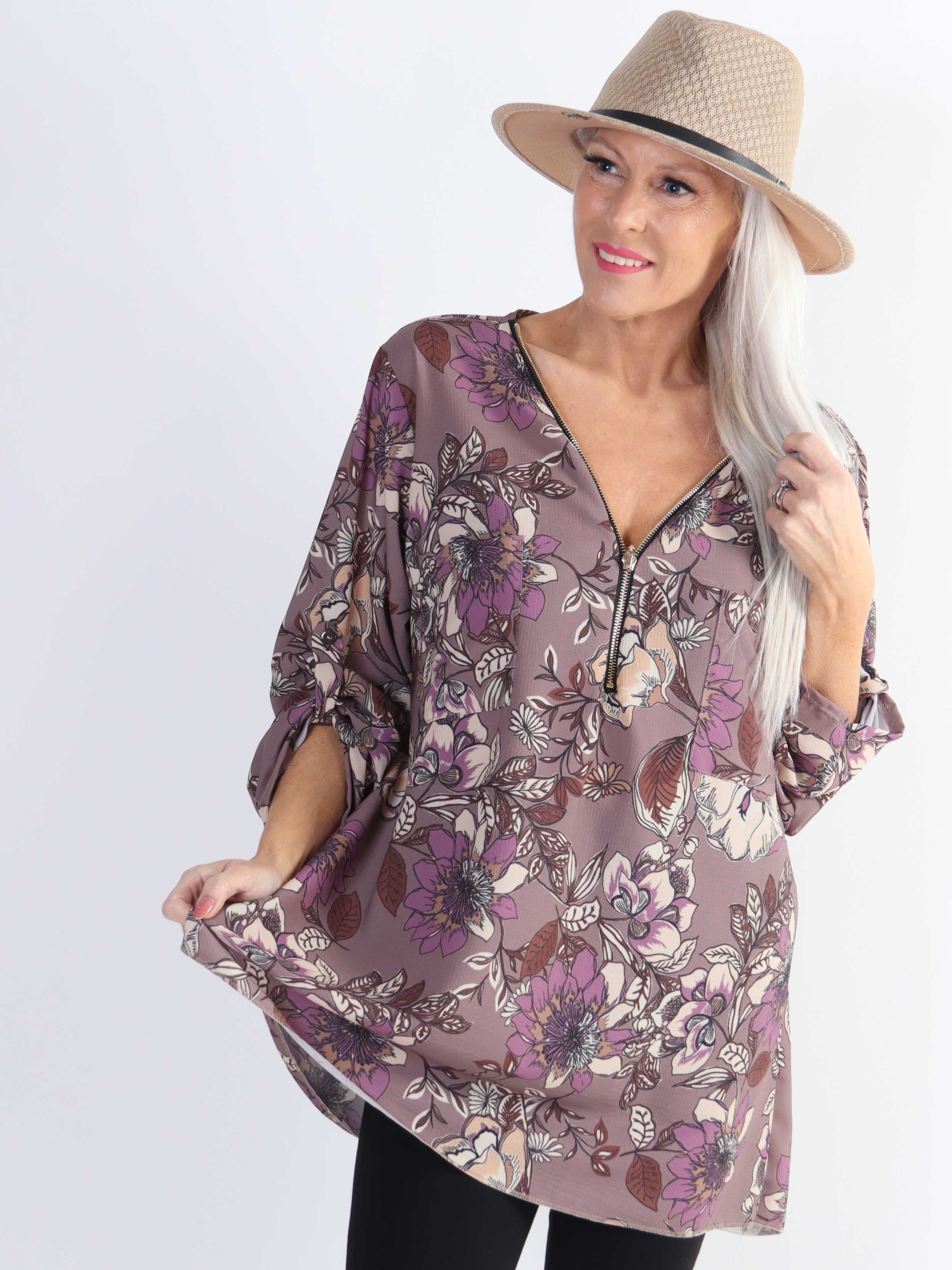 Claudia Flower - Tunika med blommigt tryck och dragkedja i plusstorlek