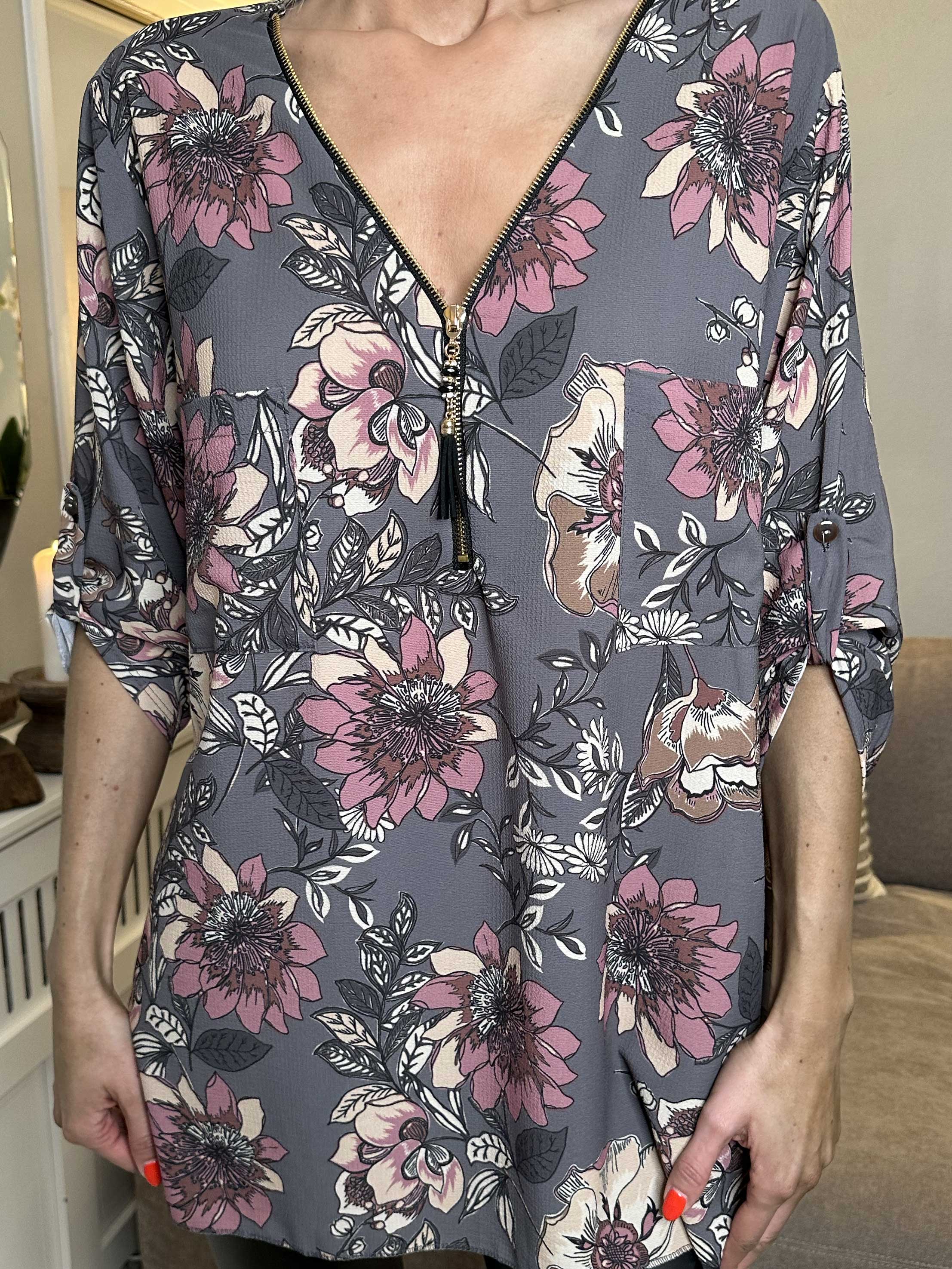 Claudia Flower - Tunika med blommönster och dragkedja - Grey