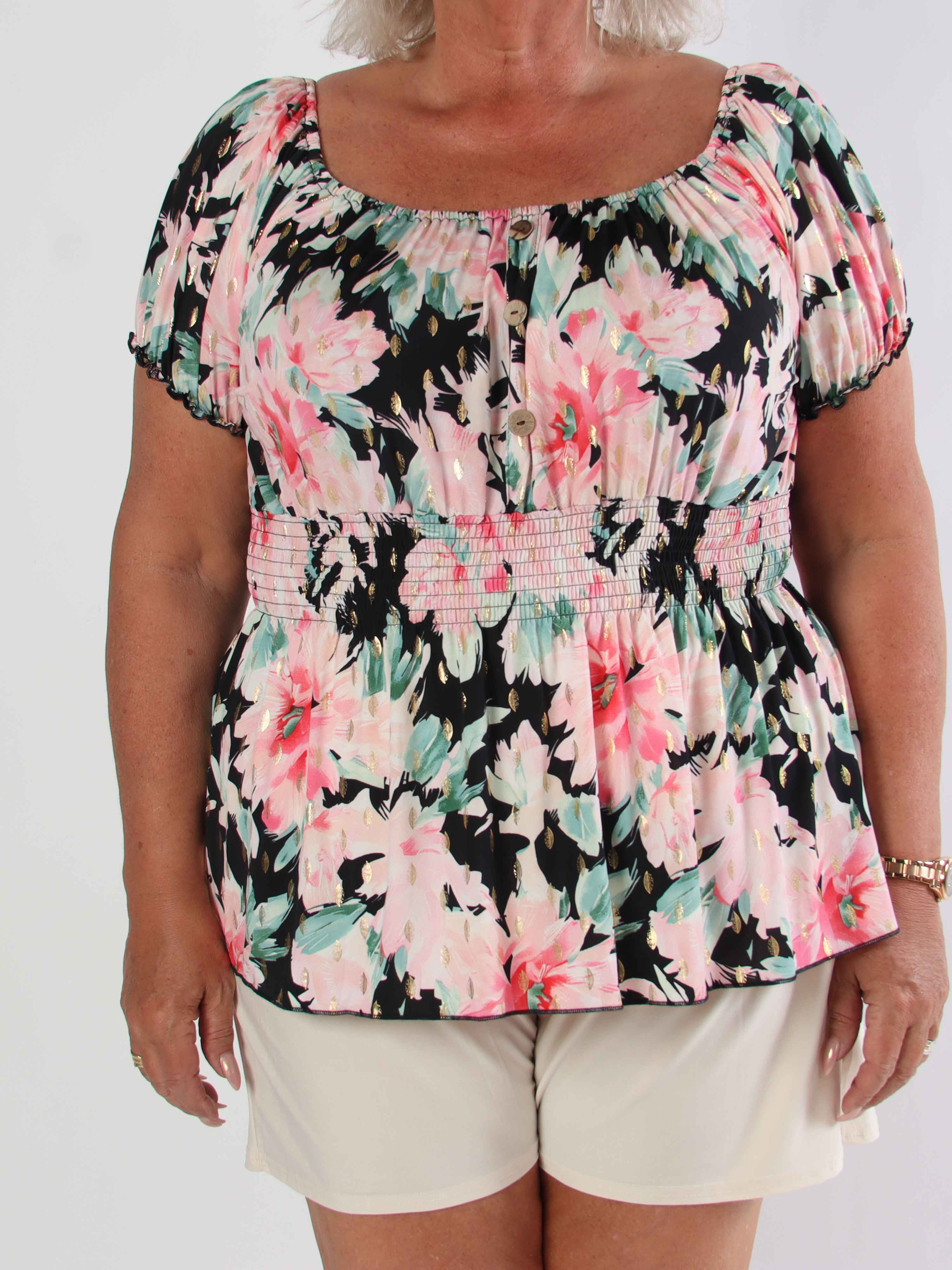 Cora Flower Shirt - Elastisk plus size bluse med smock under brystet