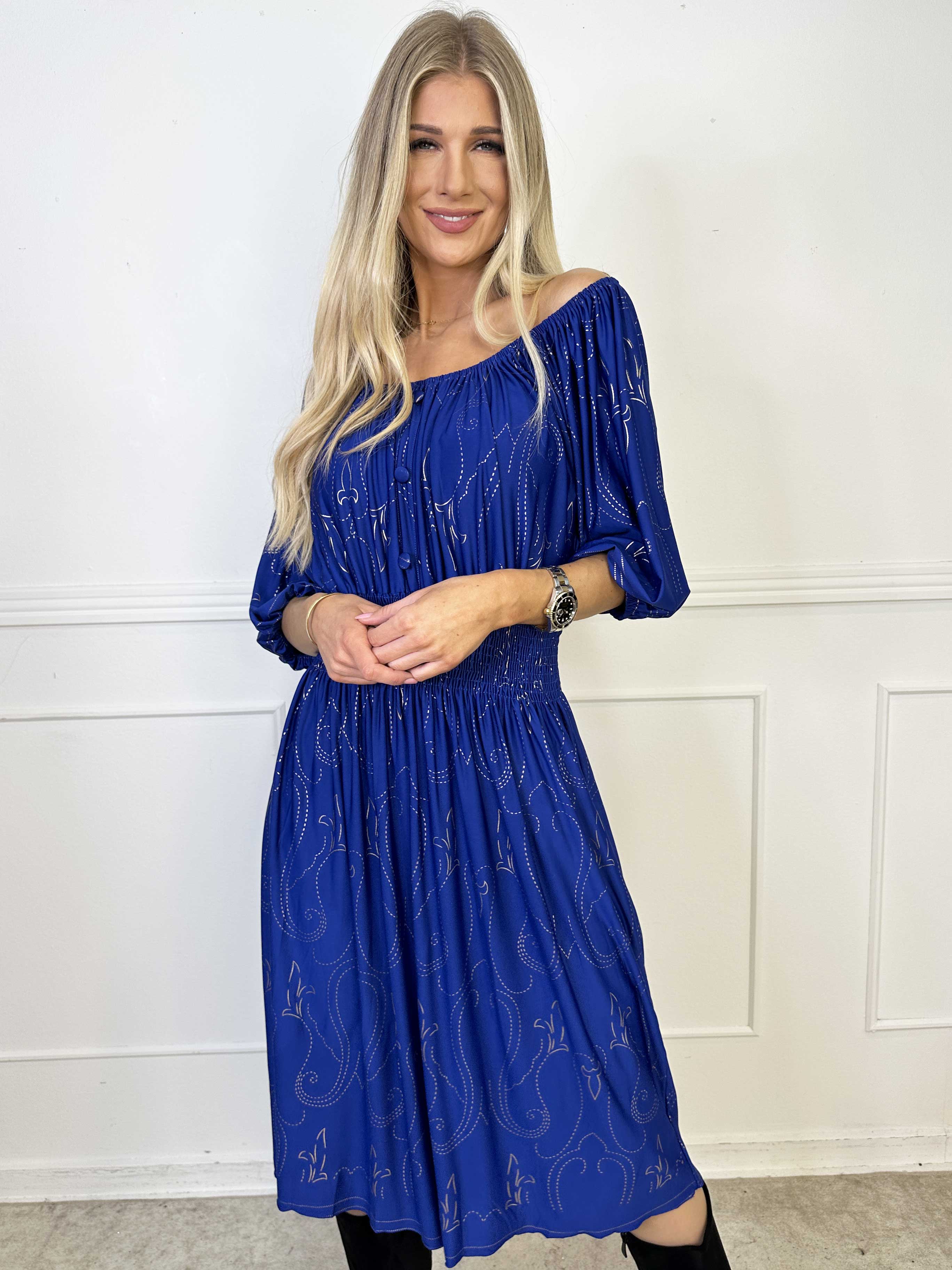 Cora Royal Gold Midi - Elastisk kjole med guld print