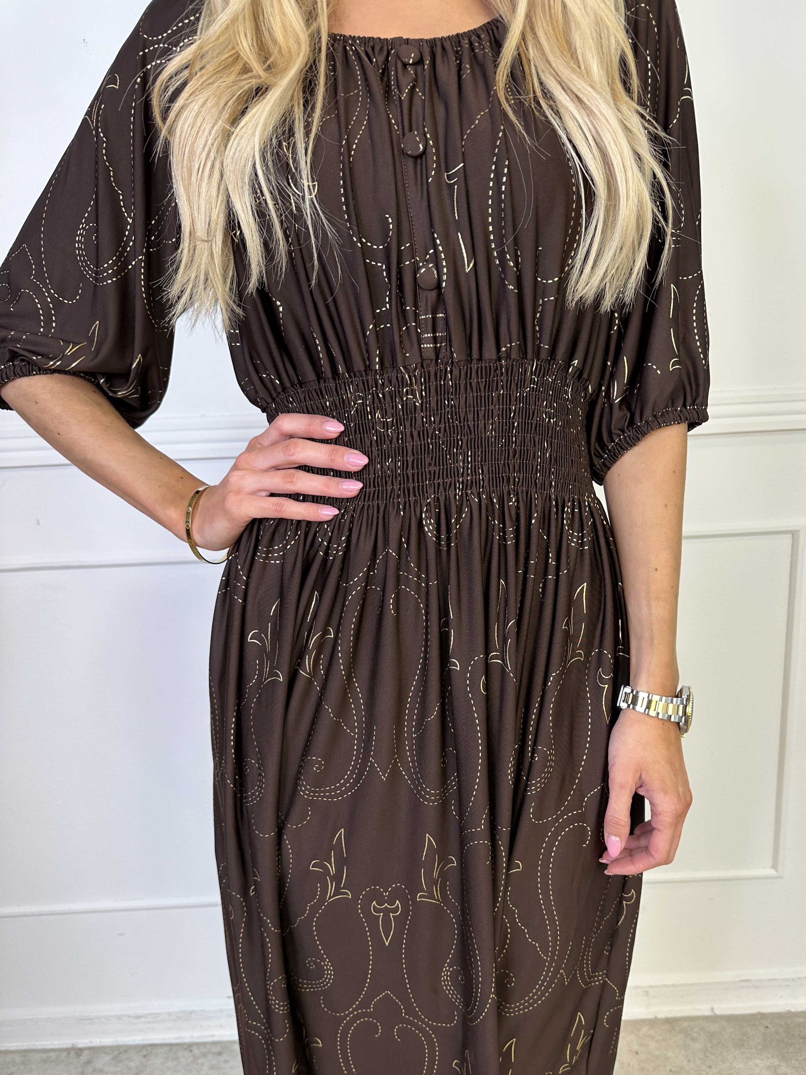 Cora Royal Gold Midi - Elastisk kjole med guld print