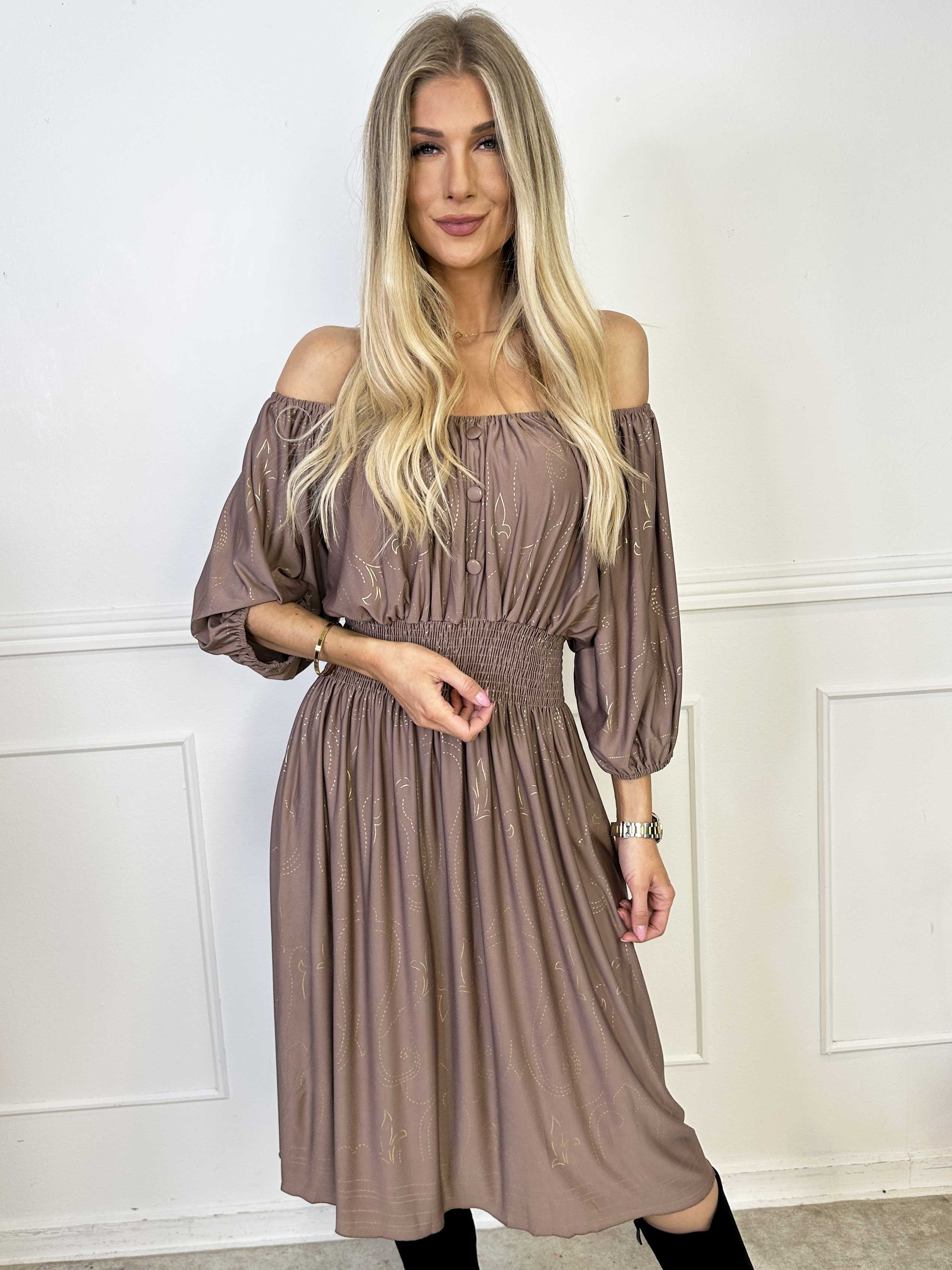 Cora Royal Gold Midi - Elastisk kjole med guld print