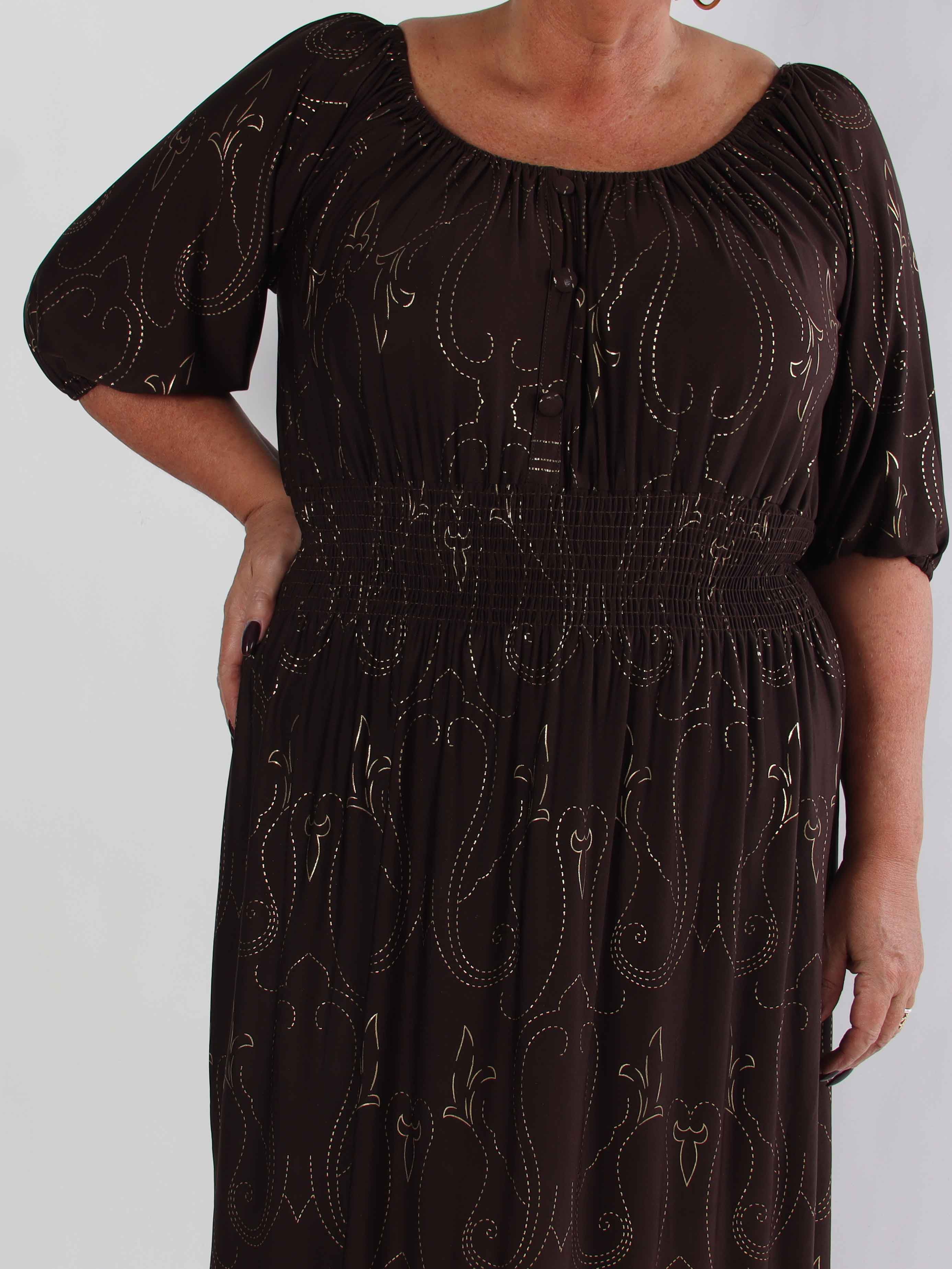 Cora Royal Gold Midi - Elastisk plus size kjole med guld print