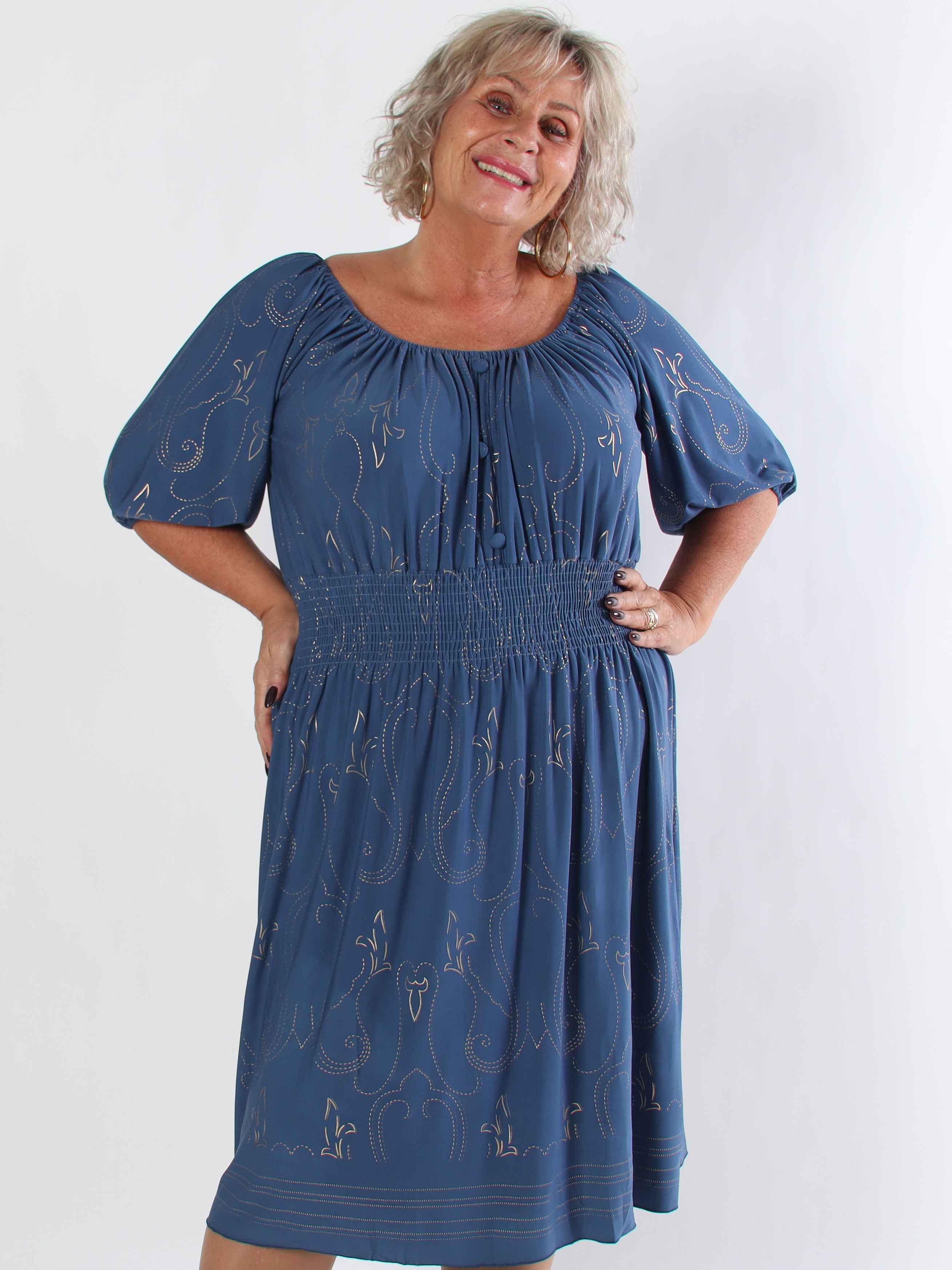 Cora Royal Gold Midi - Elastisk plus size kjole med guld print