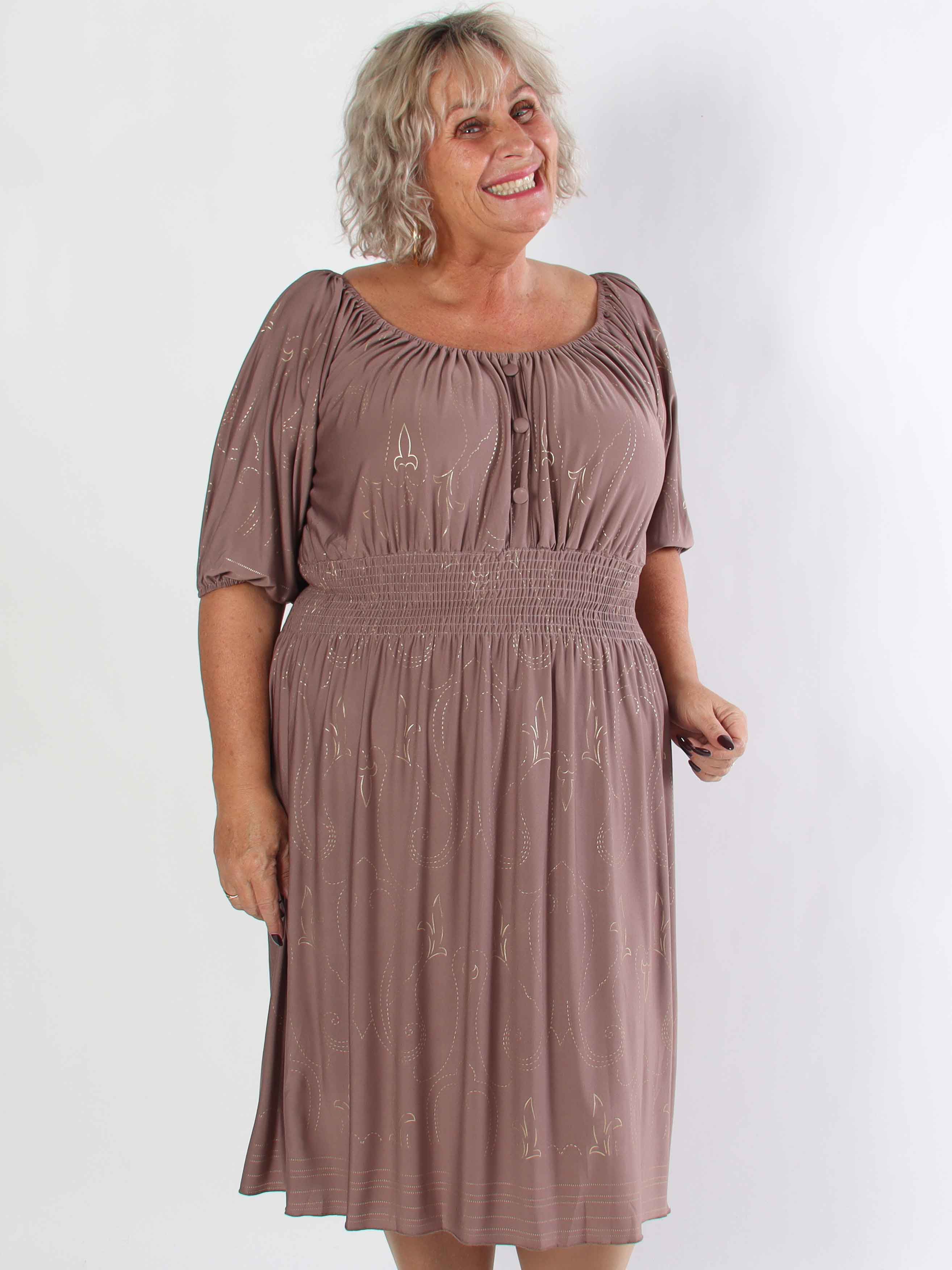 Cora Royal Gold Midi - Elastisk plus size kjole med guld print