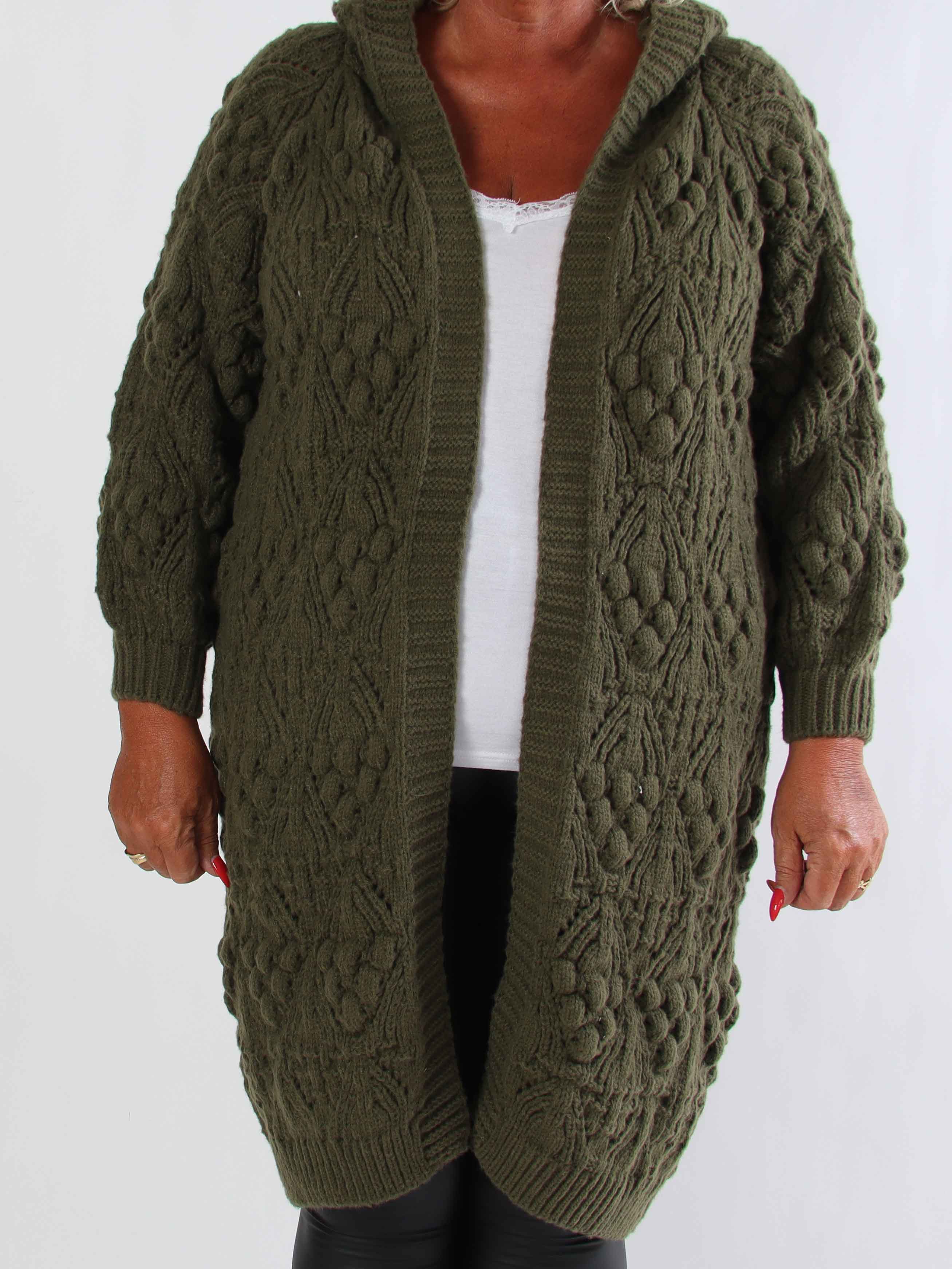 Cronia - Tjock stickad plus size kofta med luva