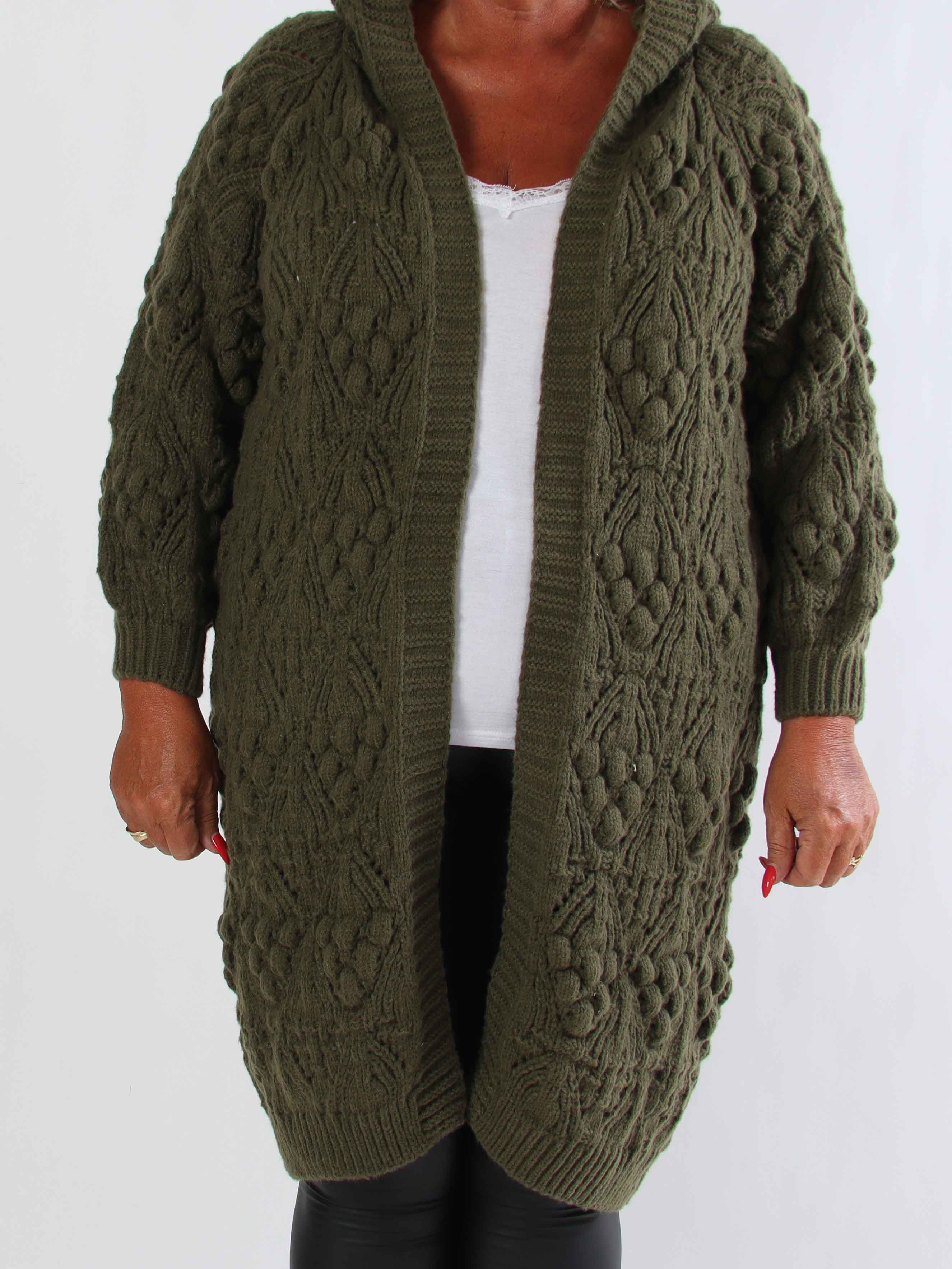 Cronia - Tjock stickad plus size kofta med luva