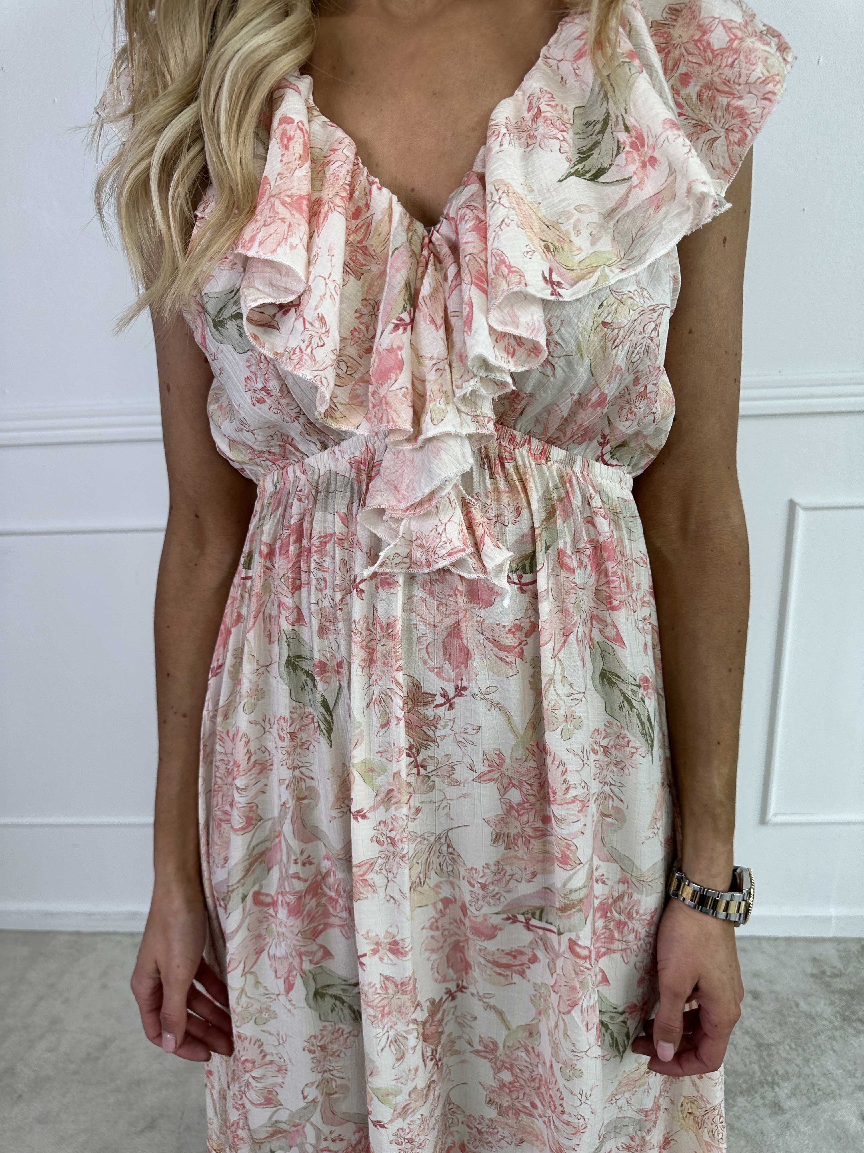 Daenerys - Söt sommarklänning i viskos med volanger och blommor