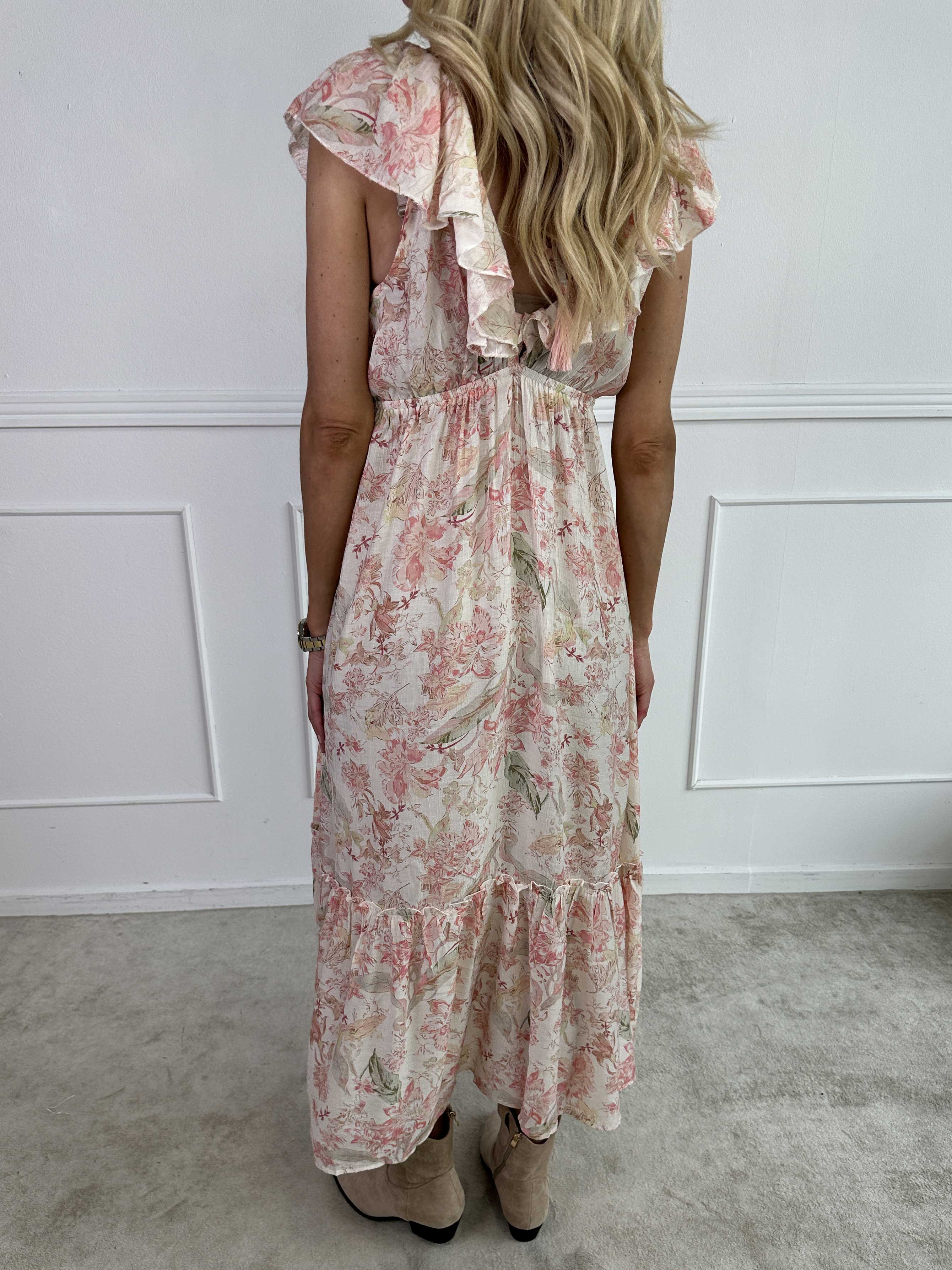 Daenerys - Söt sommarklänning i viskos med volanger och blommor