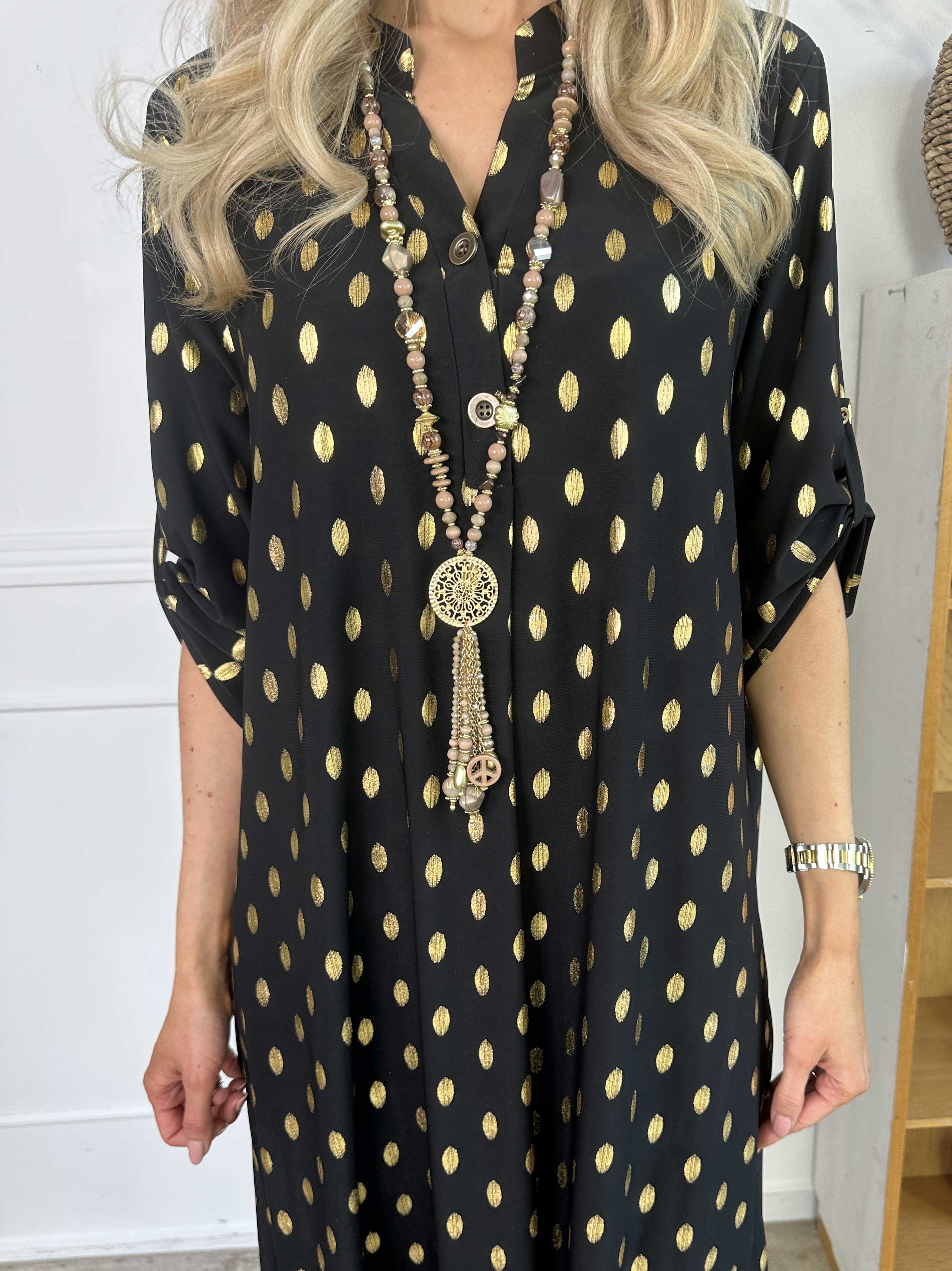 Ebba Gold Dress - Lång klänning med resår och guldprickar