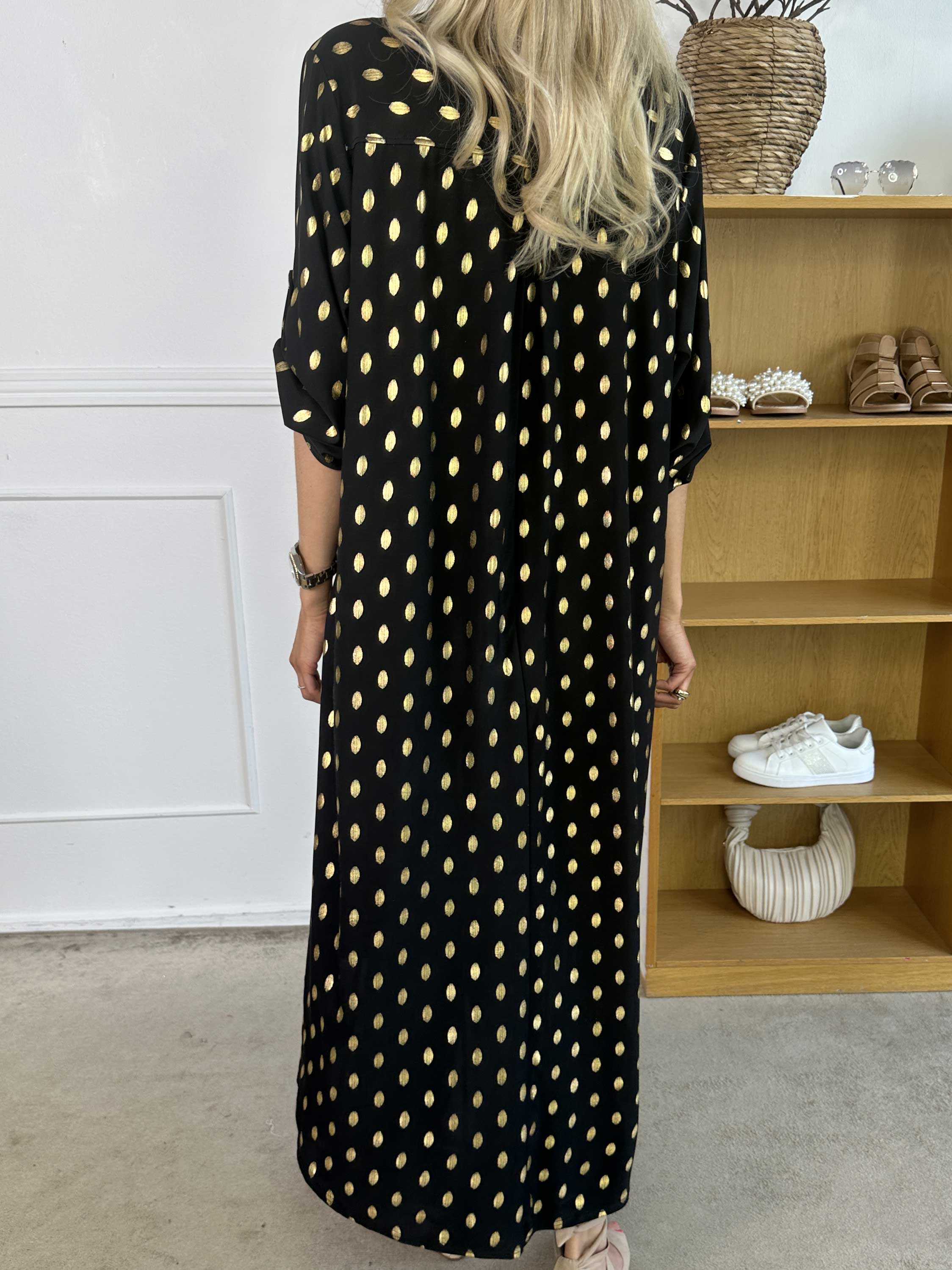 Ebba Gold Dress - Lång klänning med resår och guldprickar