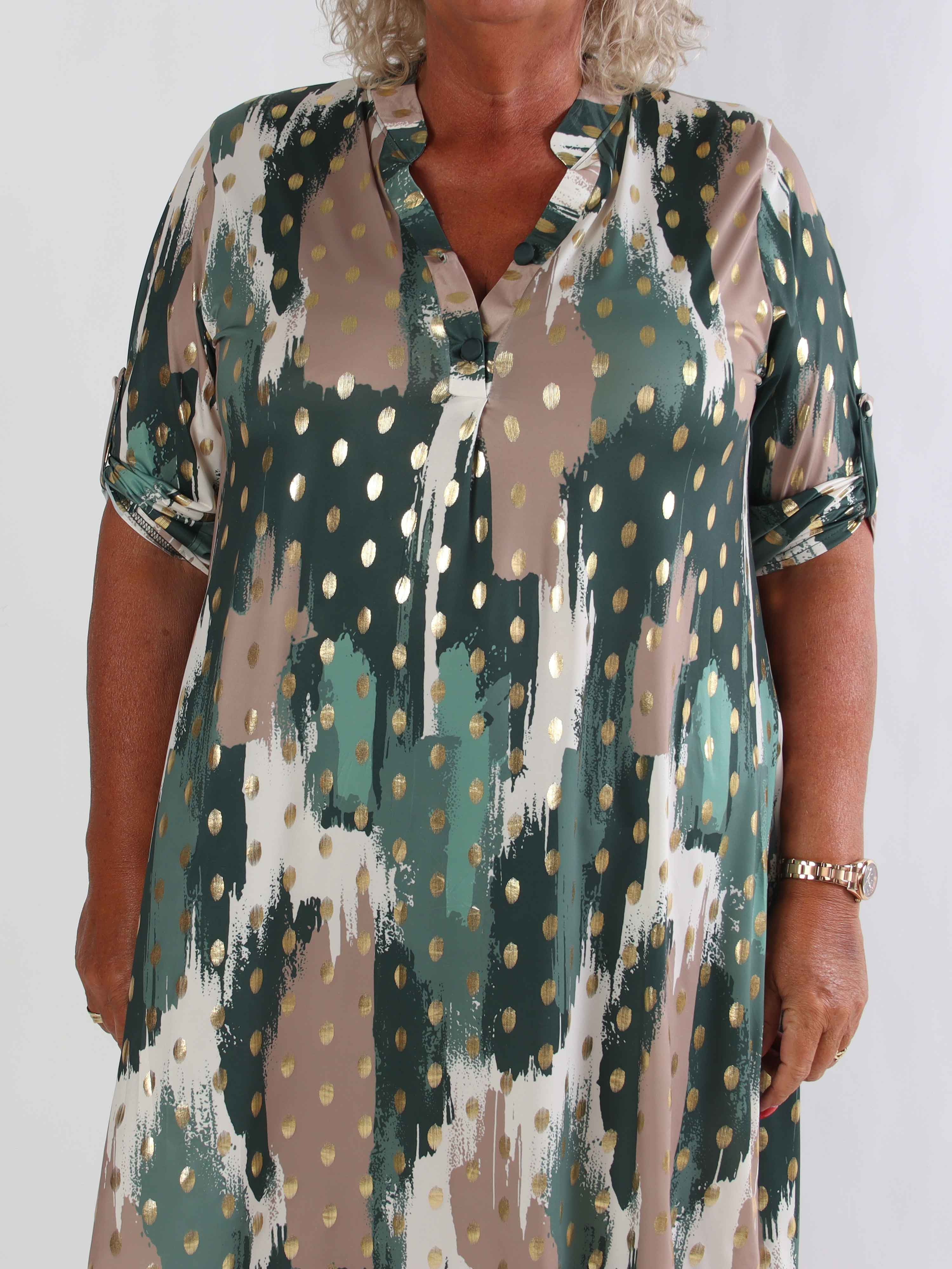 Ebba Paint Long - Elastisk flerfärgad plus size klänning med guldprickar