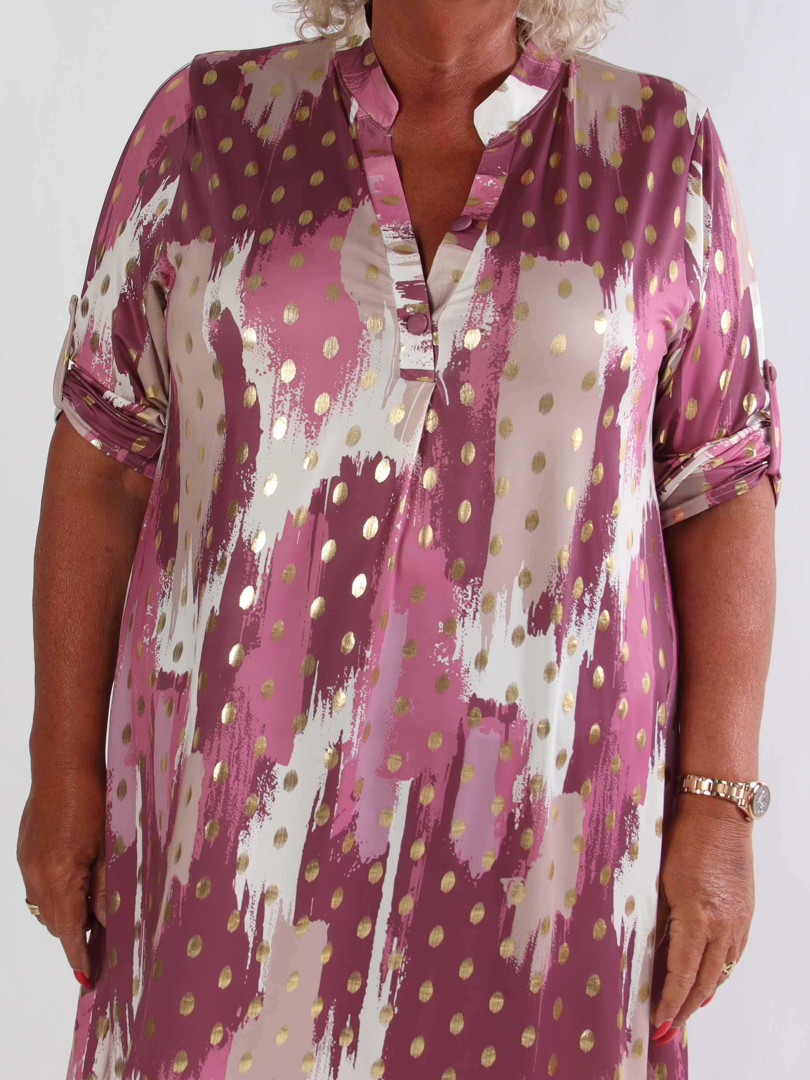 Ebba Paint Long - Elastisk flerfärgad plus size klänning med guldprickar