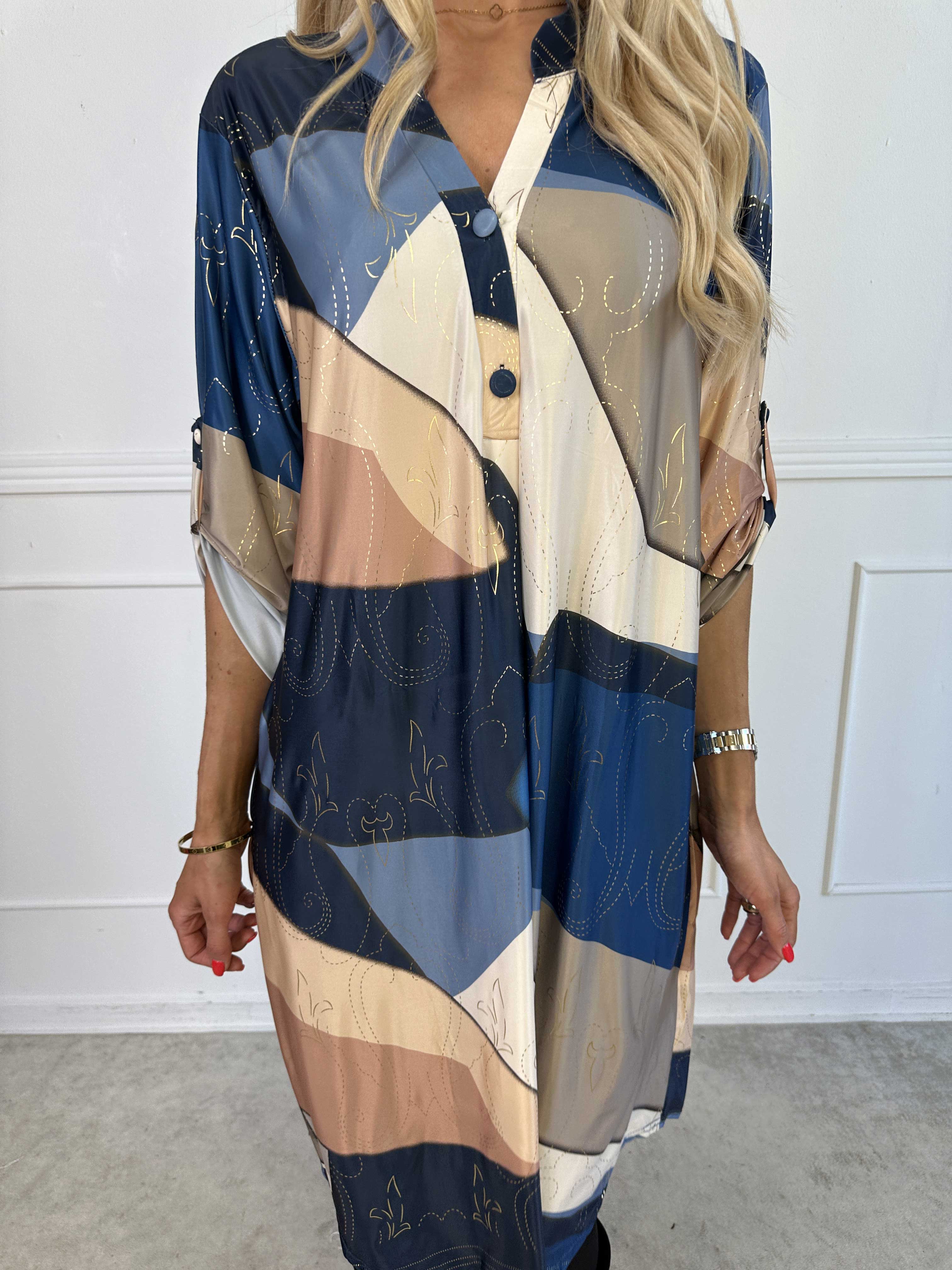 Ebba Abstract Long - Flerfärgad elastisk klänning med fint guldmönster