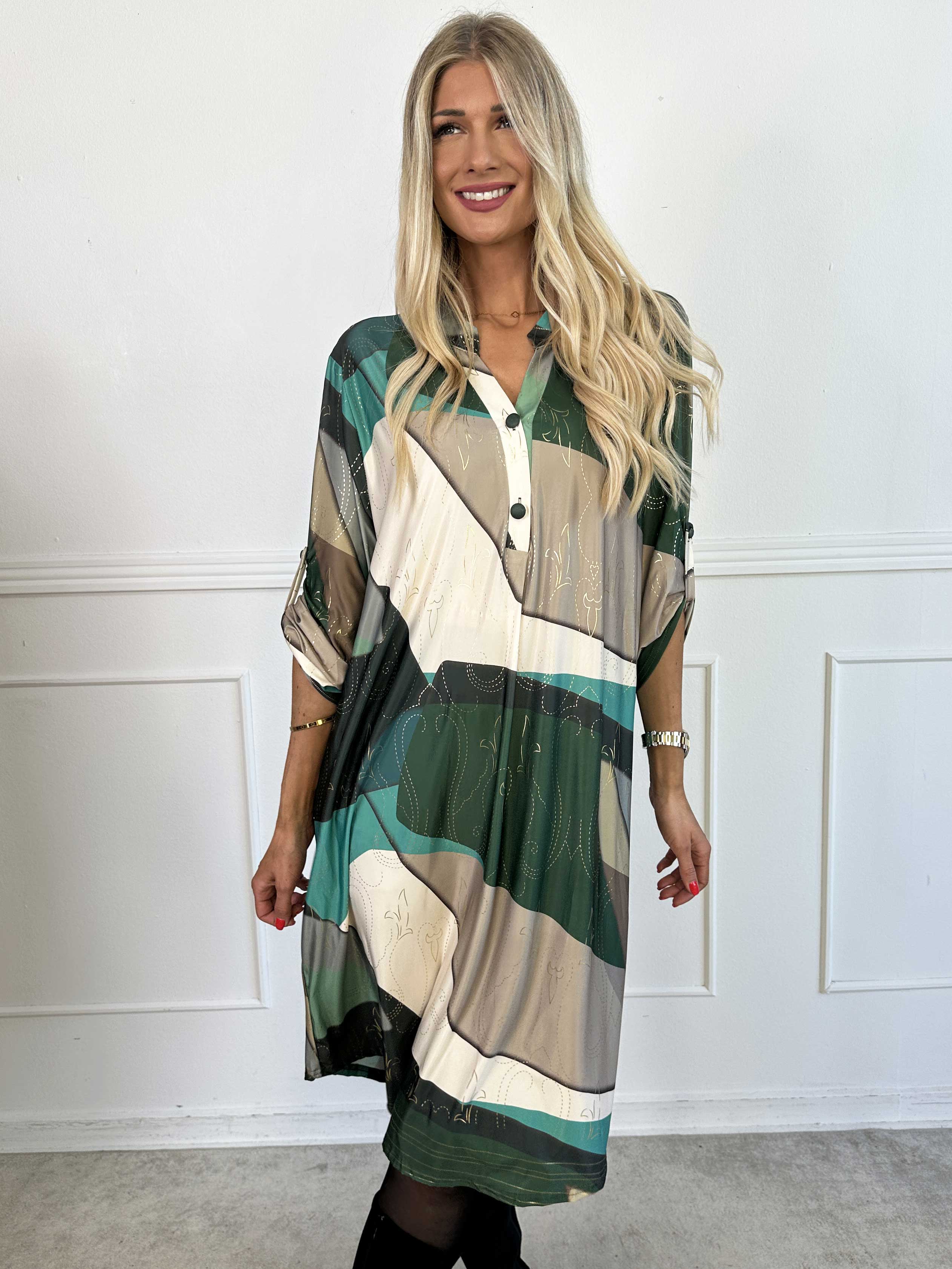 Ebba Abstract Long - Flerfärgad elastisk klänning med fint guldmönster