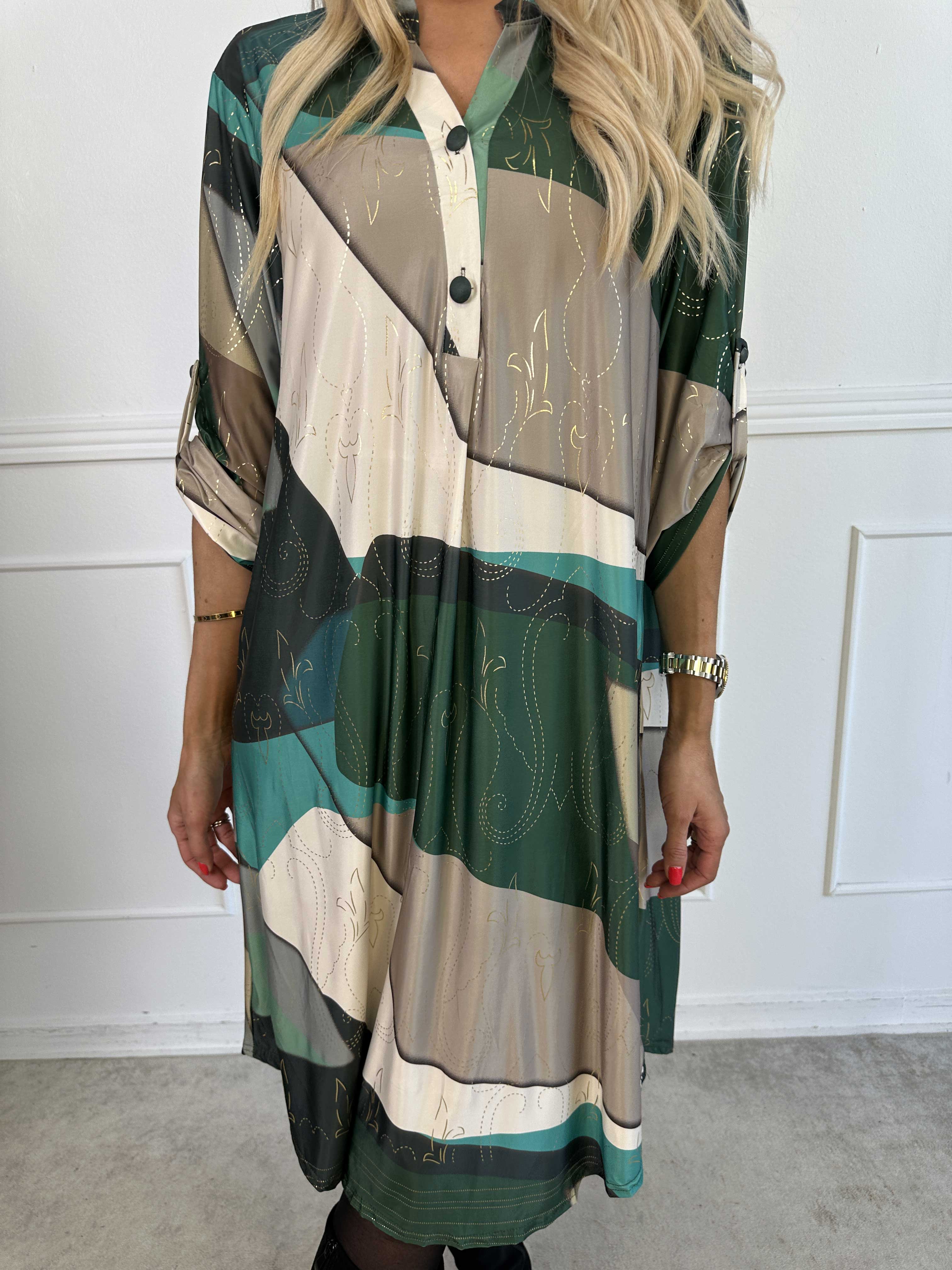 Ebba Abstract Long - Flerfärgad elastisk klänning med fint guldmönster