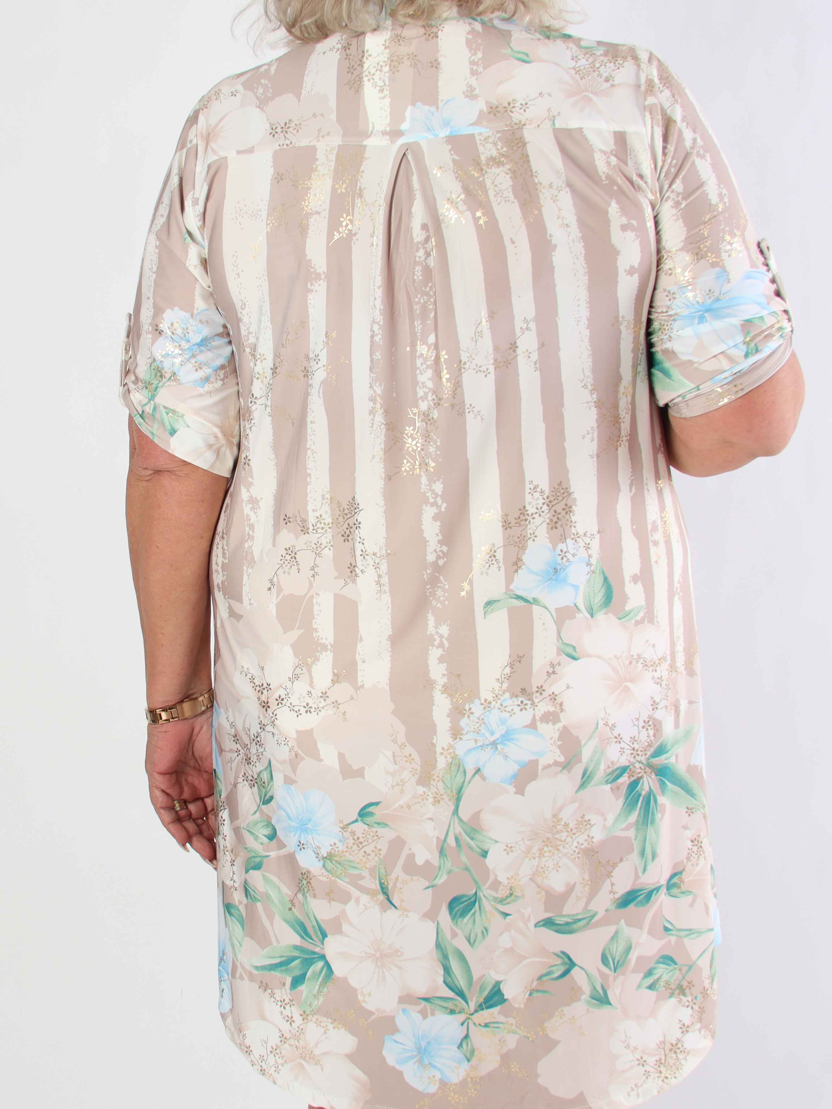Ebba Floral Stripe Long - Elastisk plus size klänning med gulddetaljer