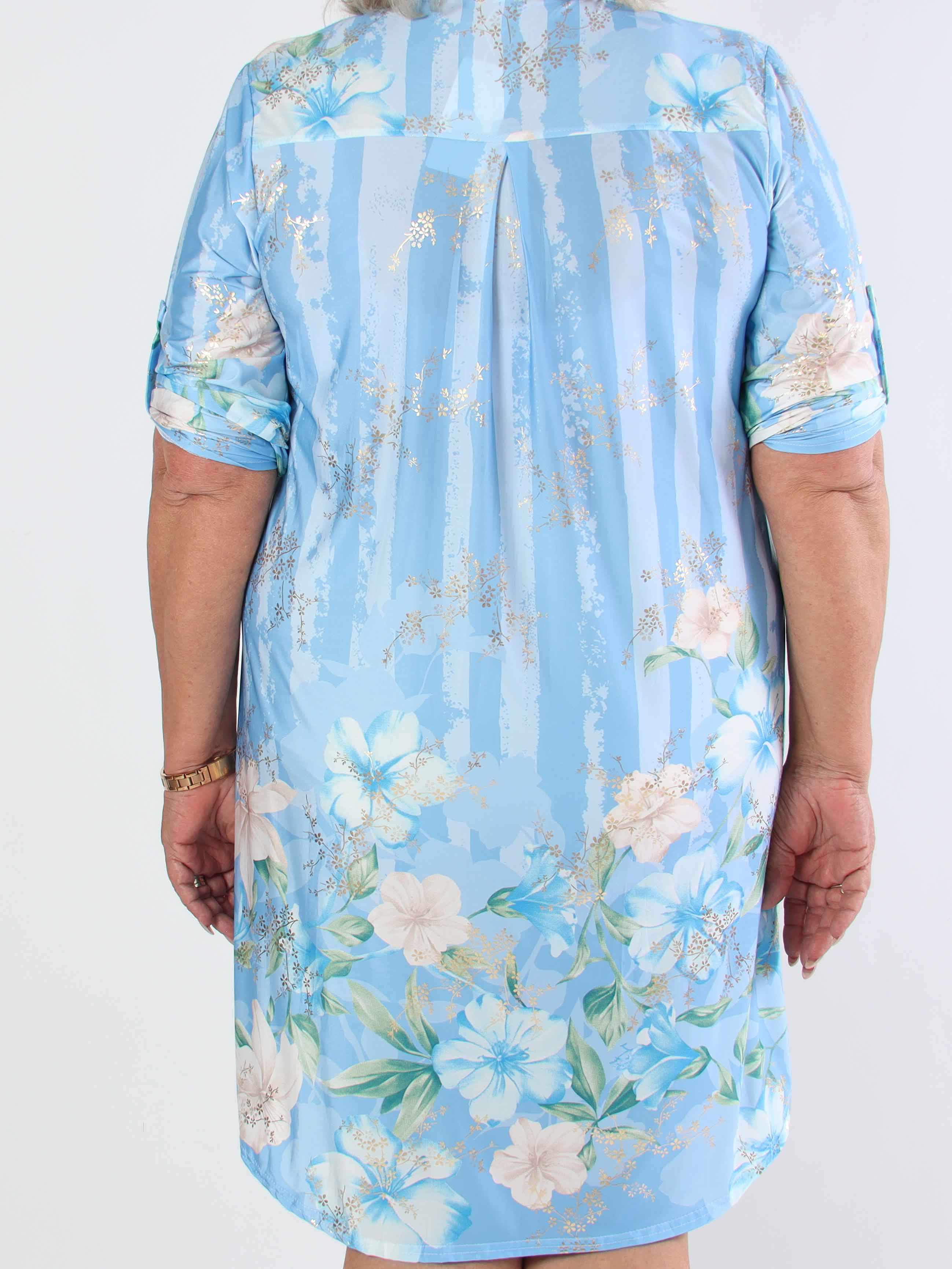Ebba Floral Stripe Long - Elastisk plus size klänning med gulddetaljer