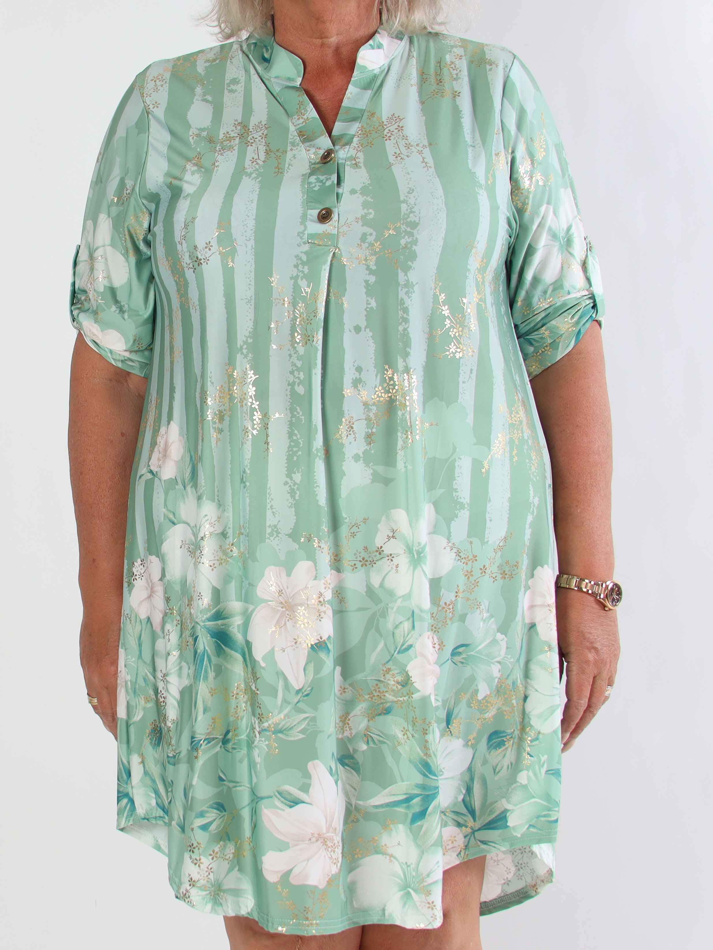 Ebba Floral Stripe Long - Elastisk plus size klänning med gulddetaljer