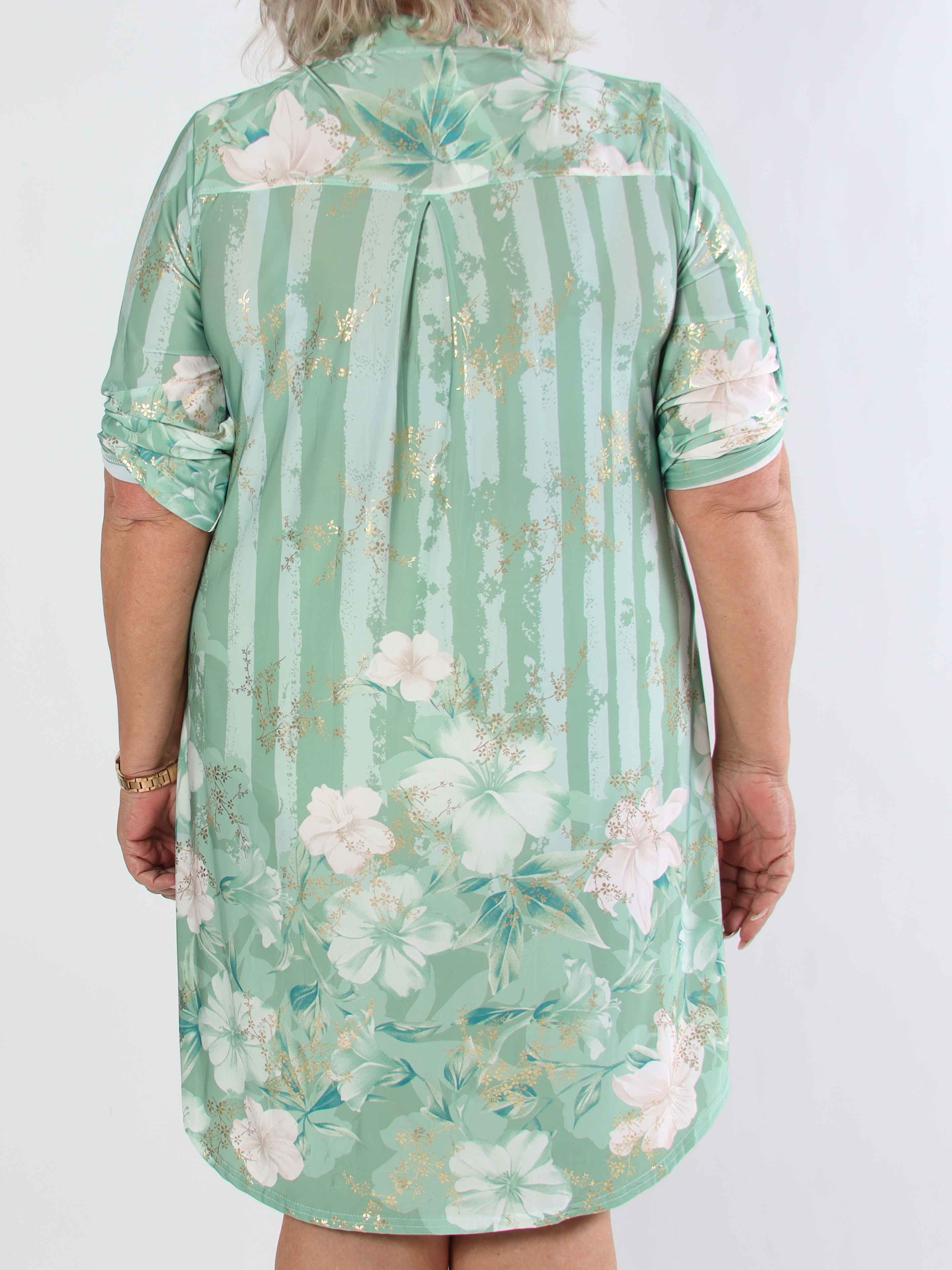 Ebba Floral Stripe Long - Elastisk plus size klänning med gulddetaljer