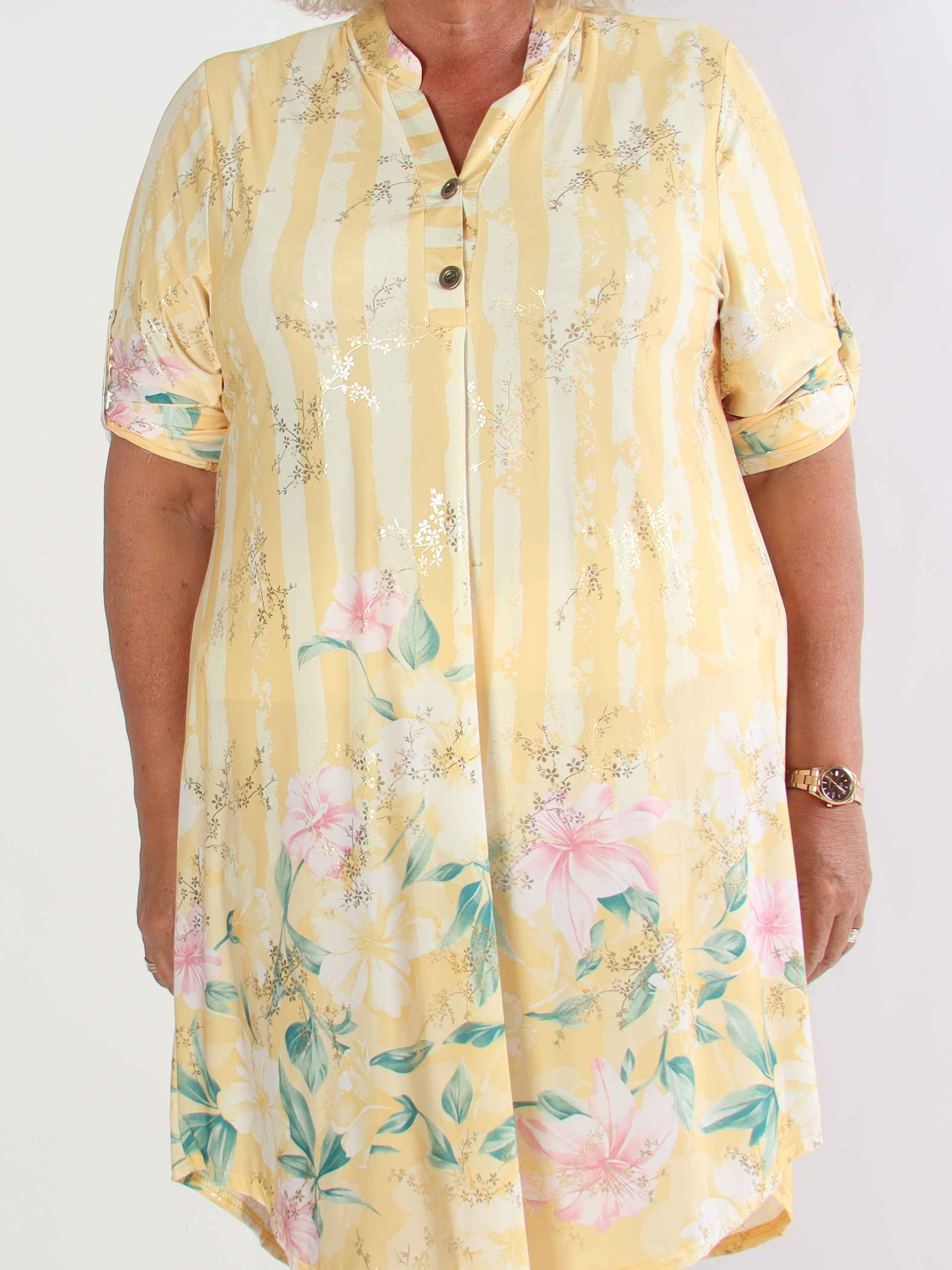Ebba Floral Stripe Long - Elastisk plus size klänning med gulddetaljer