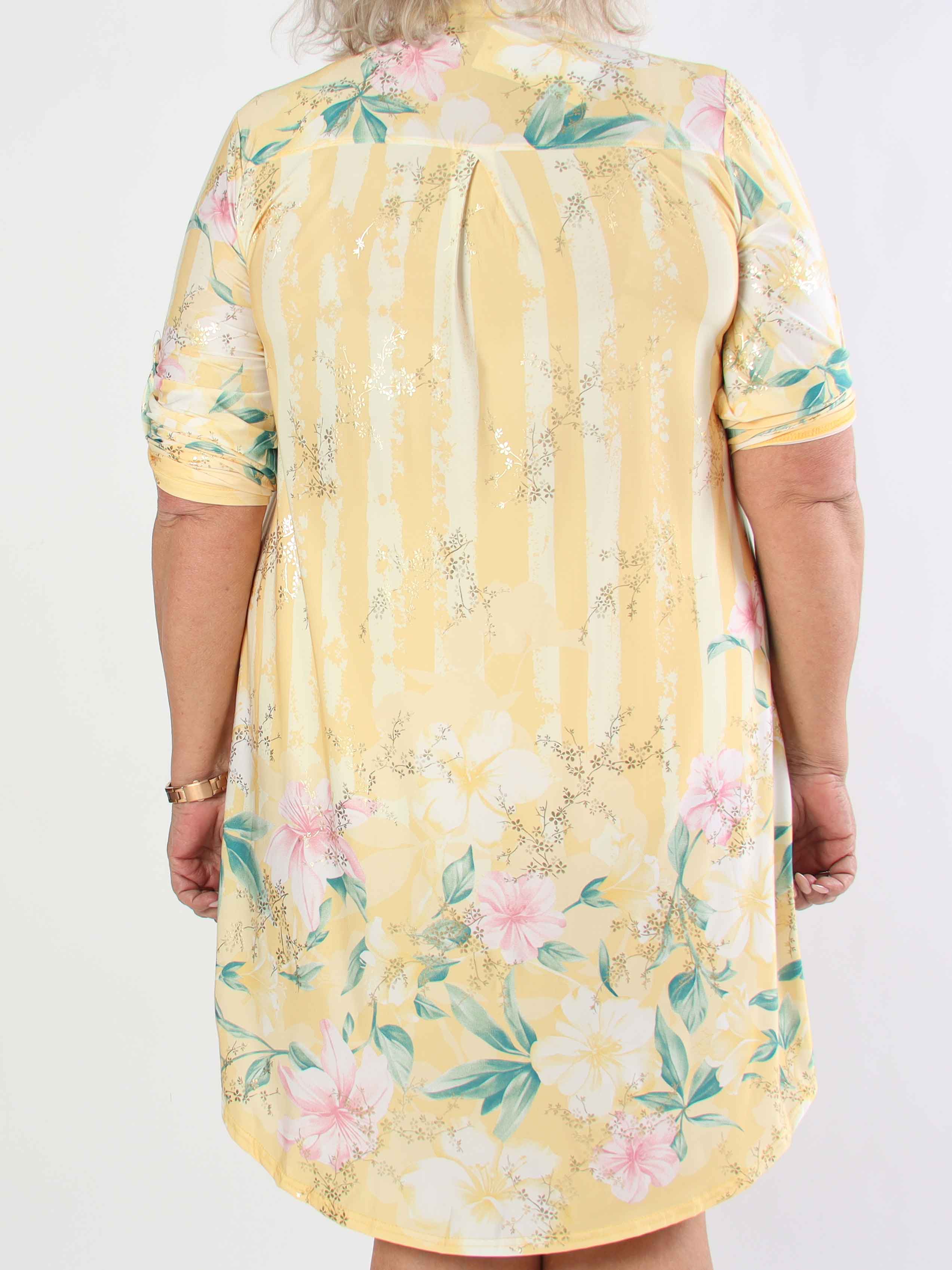 Ebba Floral Stripe Long - Elastisk plus size klänning med gulddetaljer