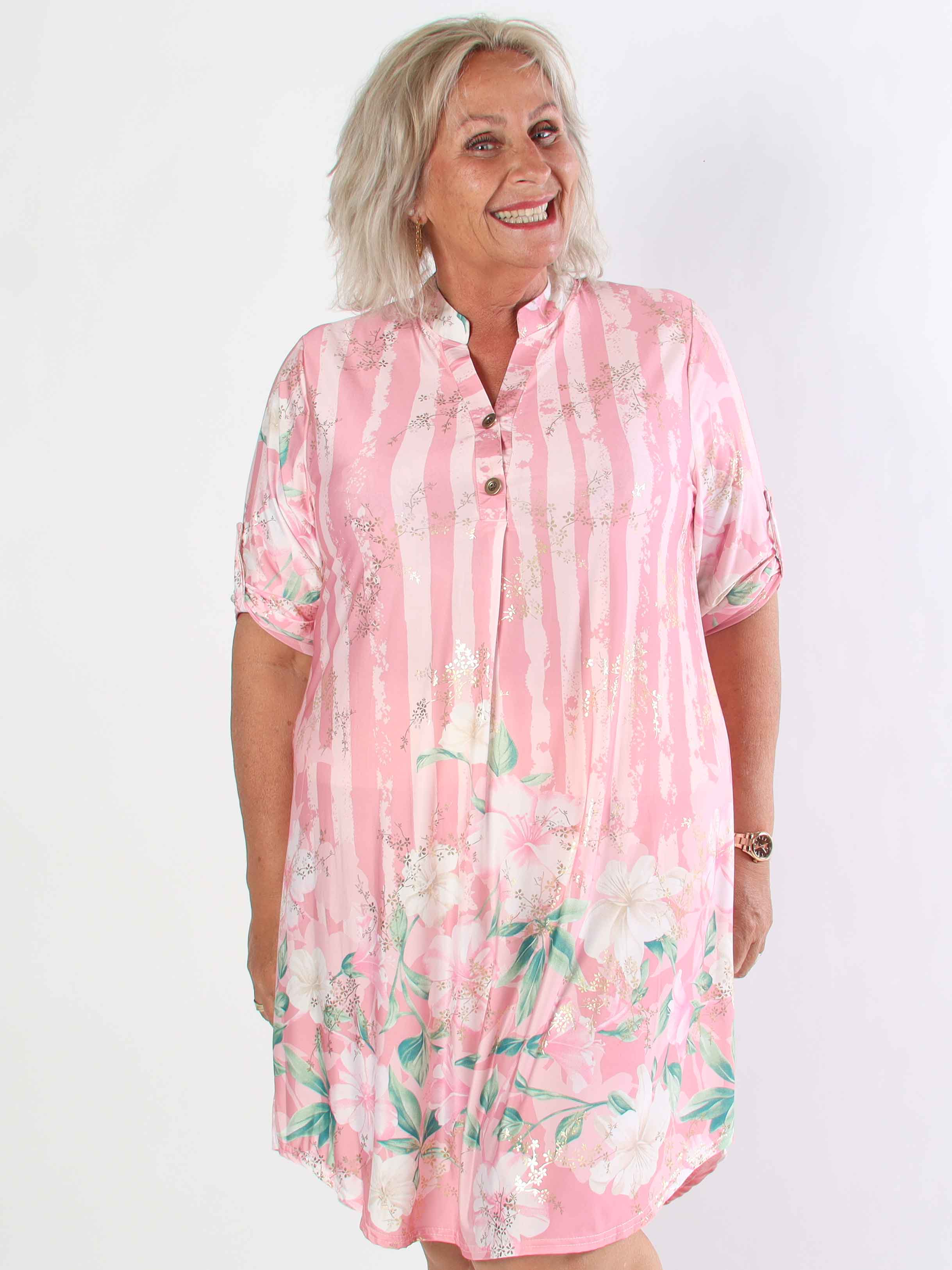 Ebba Floral Stripe Long - Elastisk plus size klänning med gulddetaljer