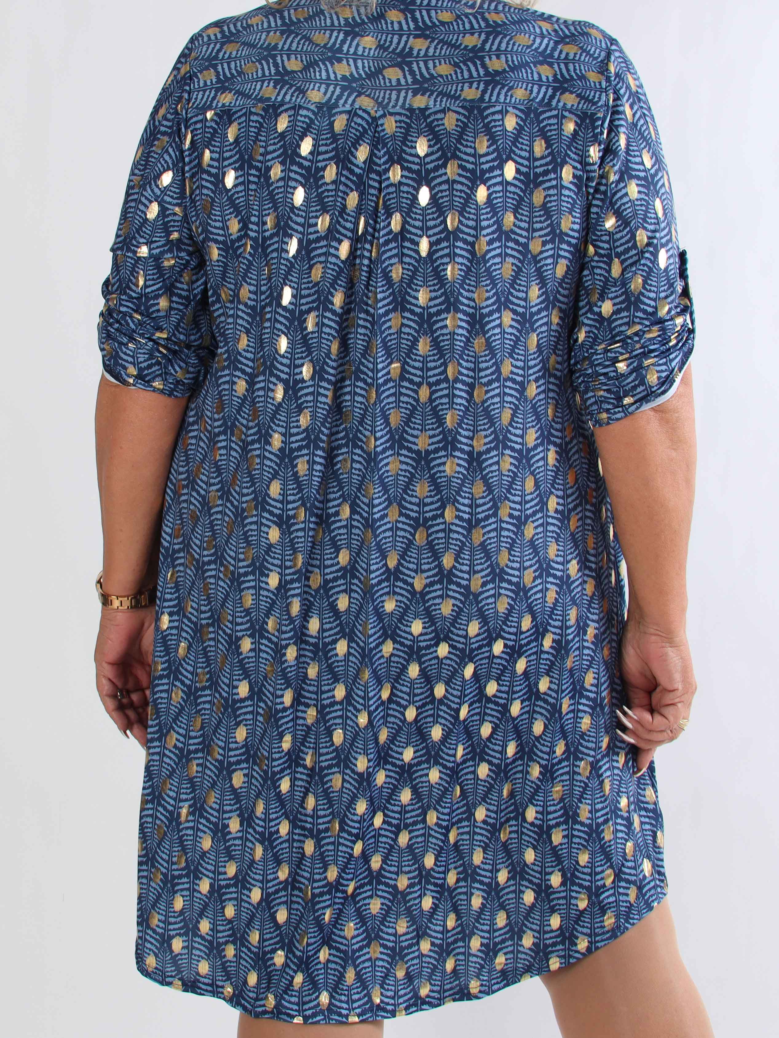 Ebba Forest Gold Long - Plus size klänning med fint bladmönster och guldprickar