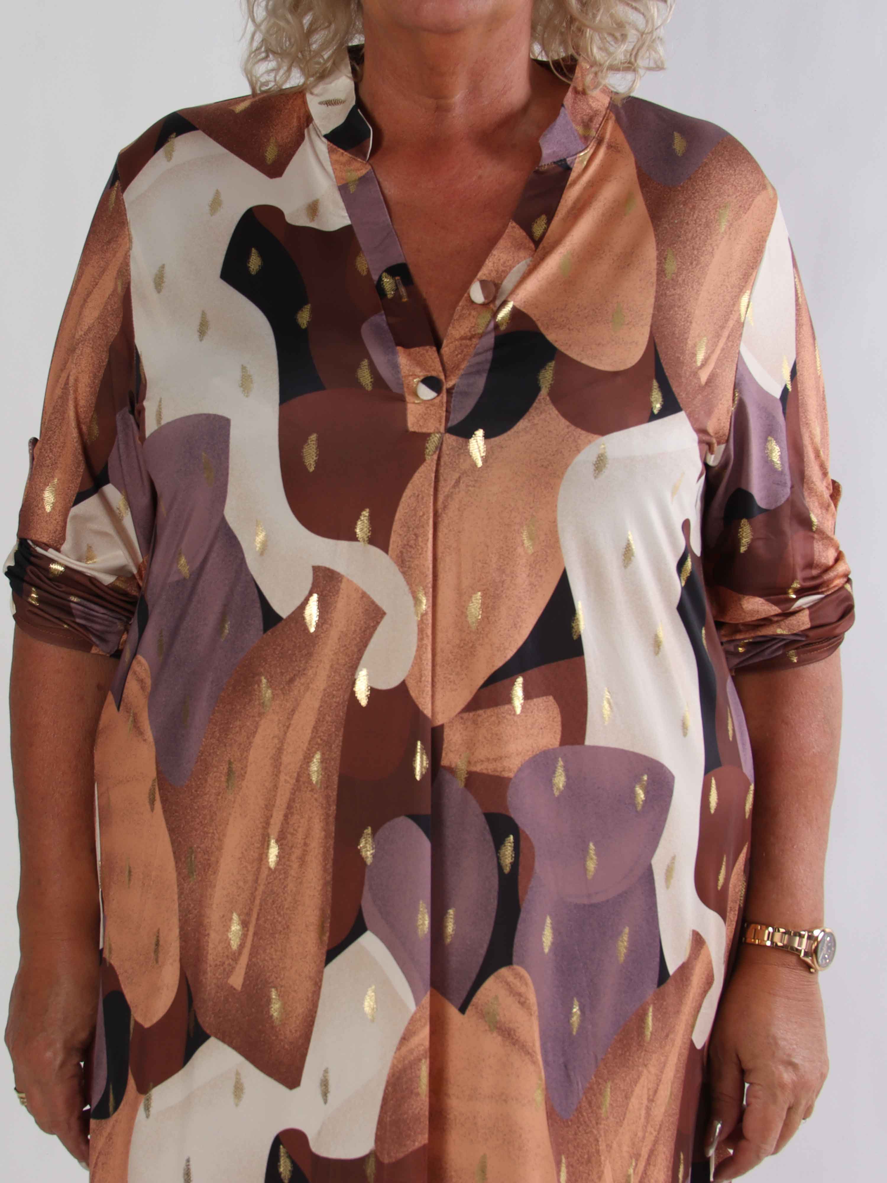 Ebba Glow Gold - Flerfärgad elastisk plus size klänning med gulddetaljer