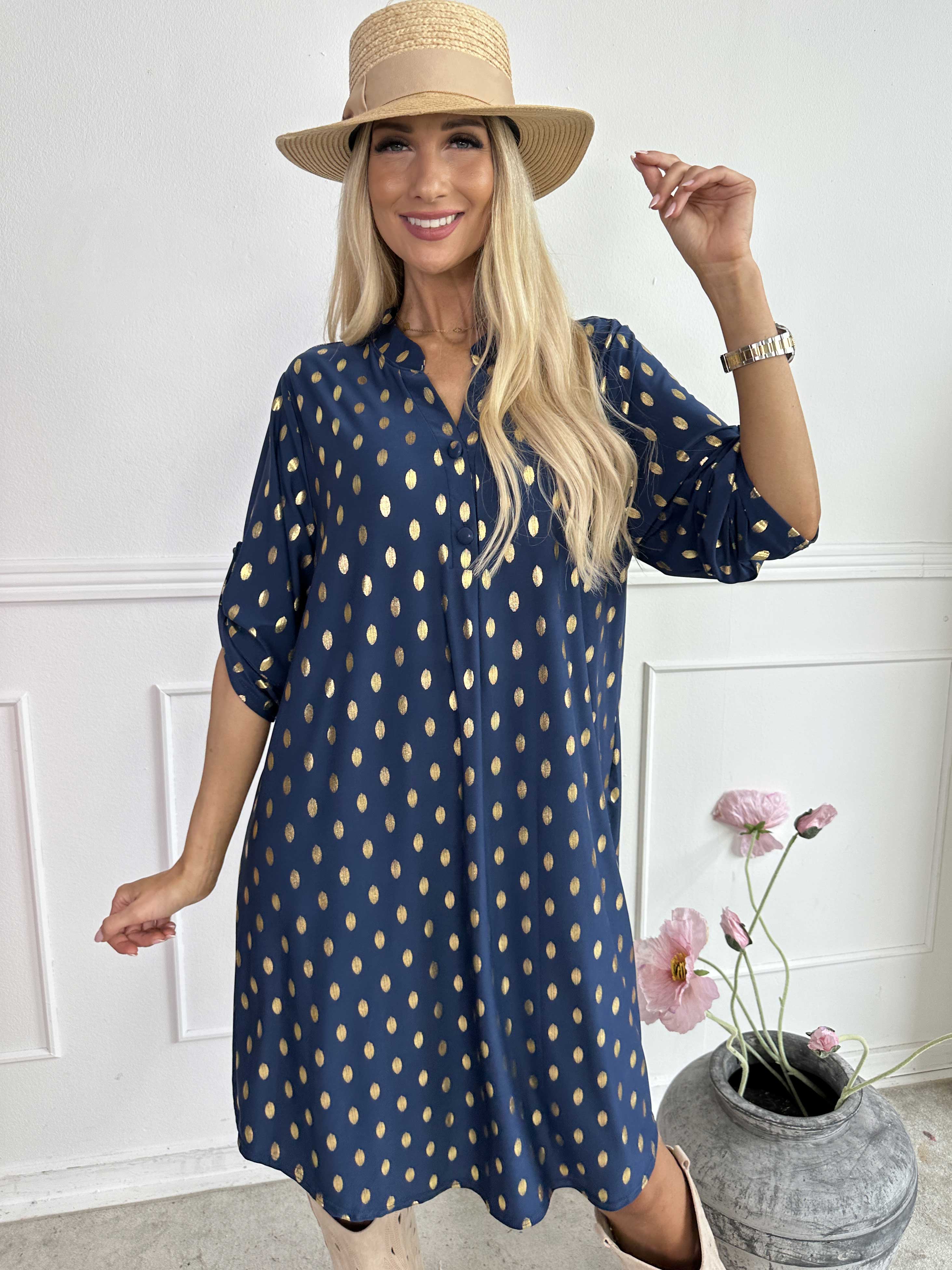 Ebba Gold Long - Elastisk klänning med guldprickar