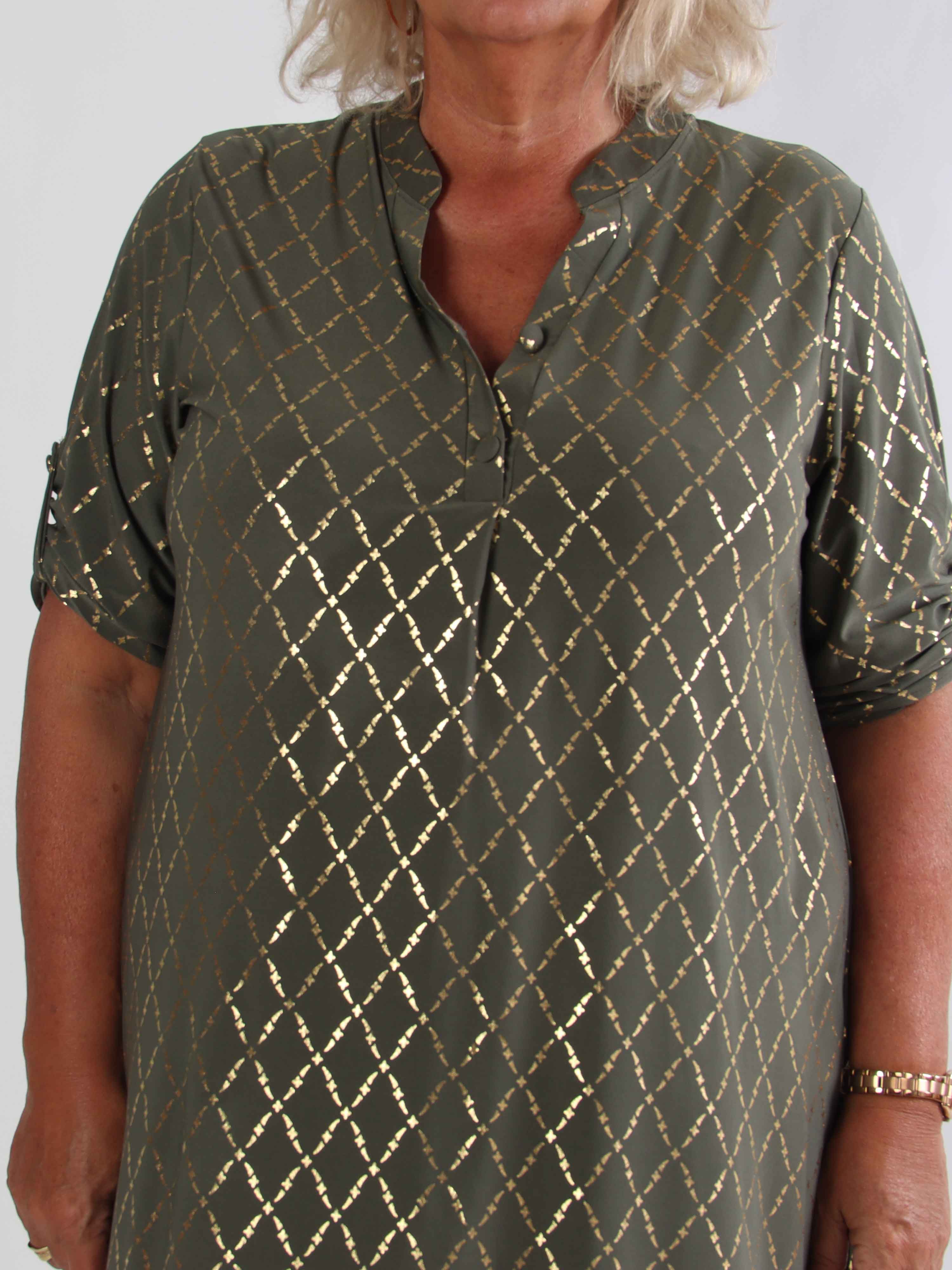 Ebba Gold Check Long - Elastisk plus size klänning med gulddetaljer