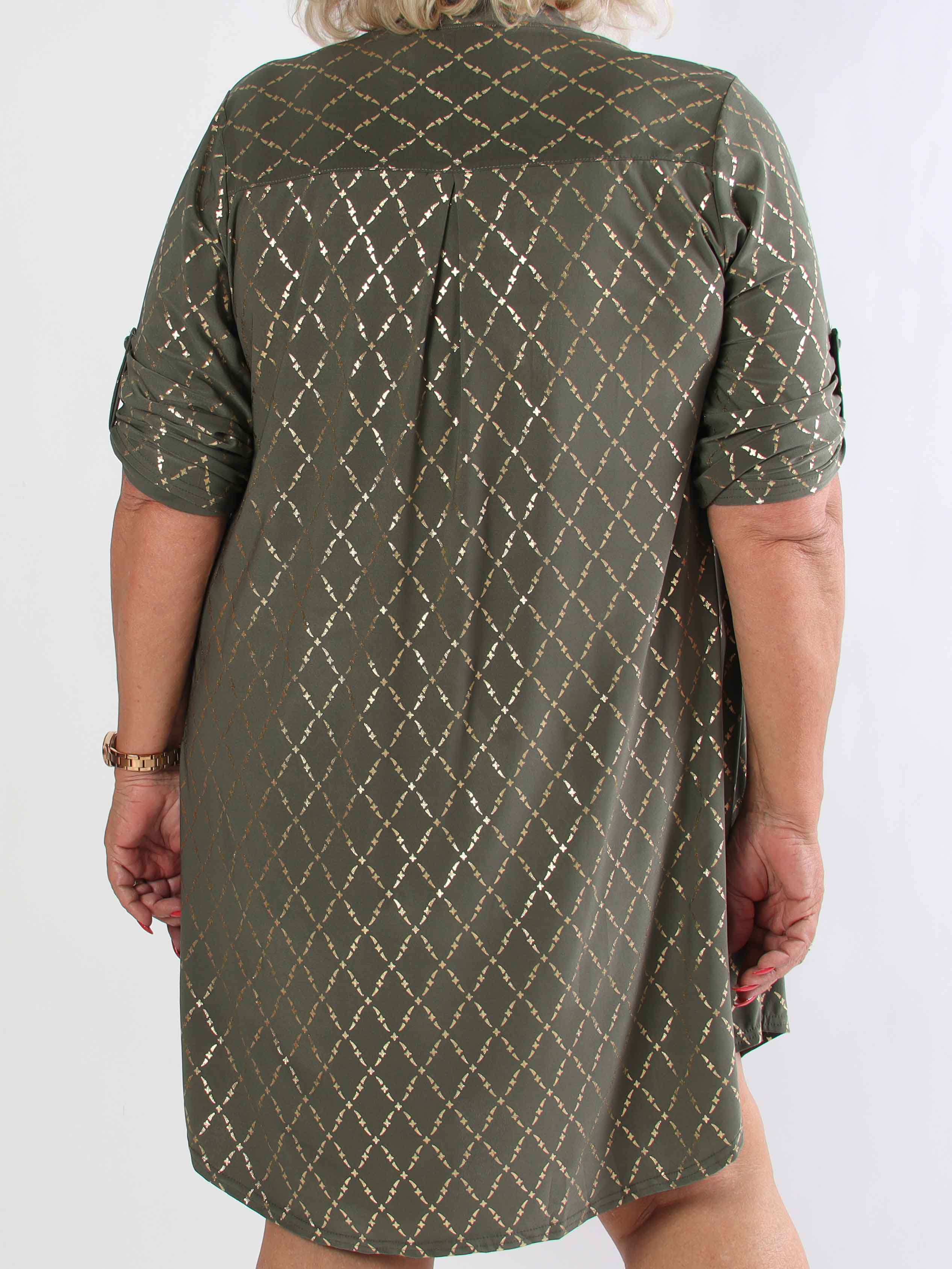 Ebba Gold Check Long - Elastisk plus size klänning med gulddetaljer