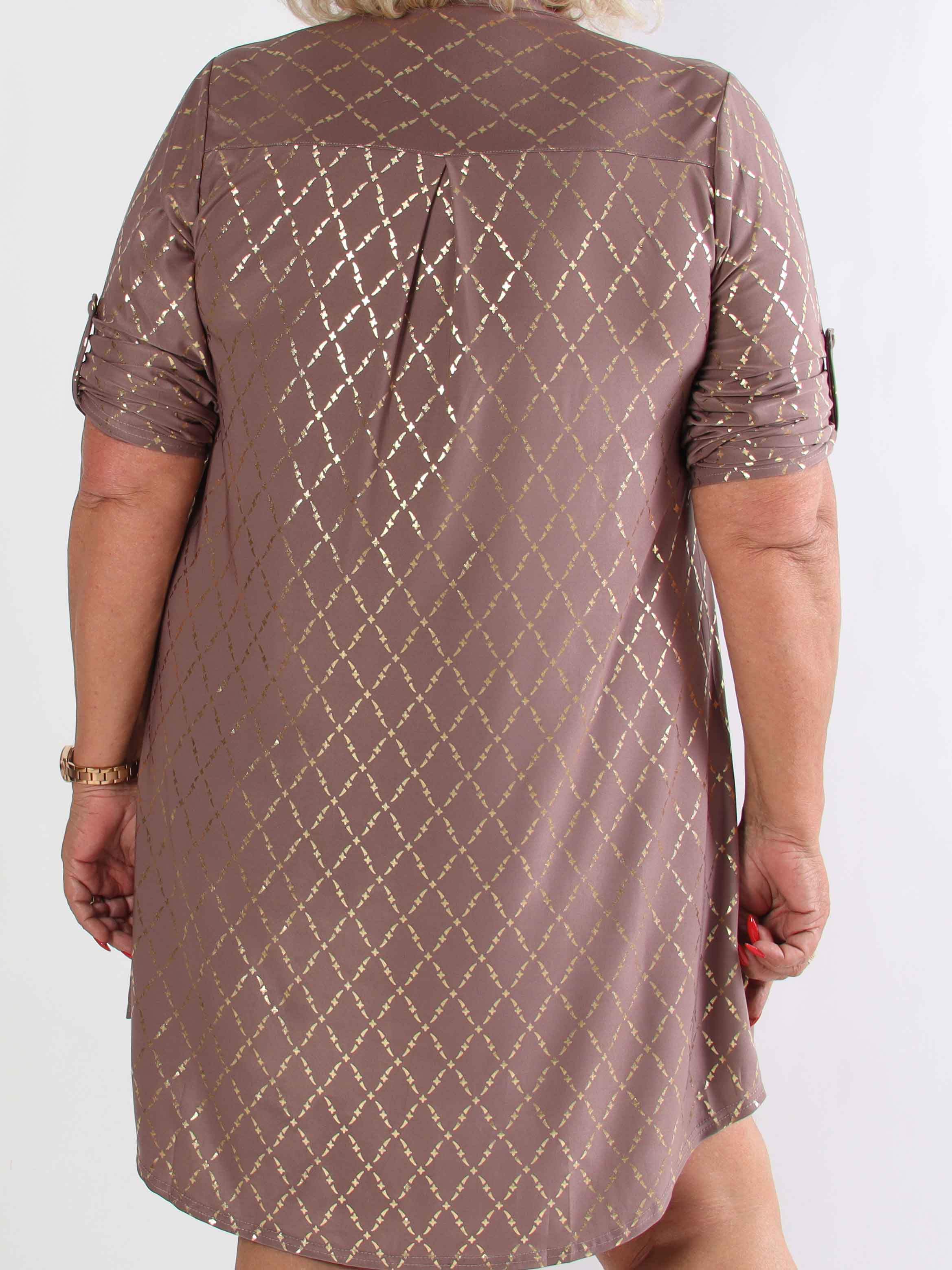 Ebba Gold Check Long - Elastisk plus size klänning med gulddetaljer