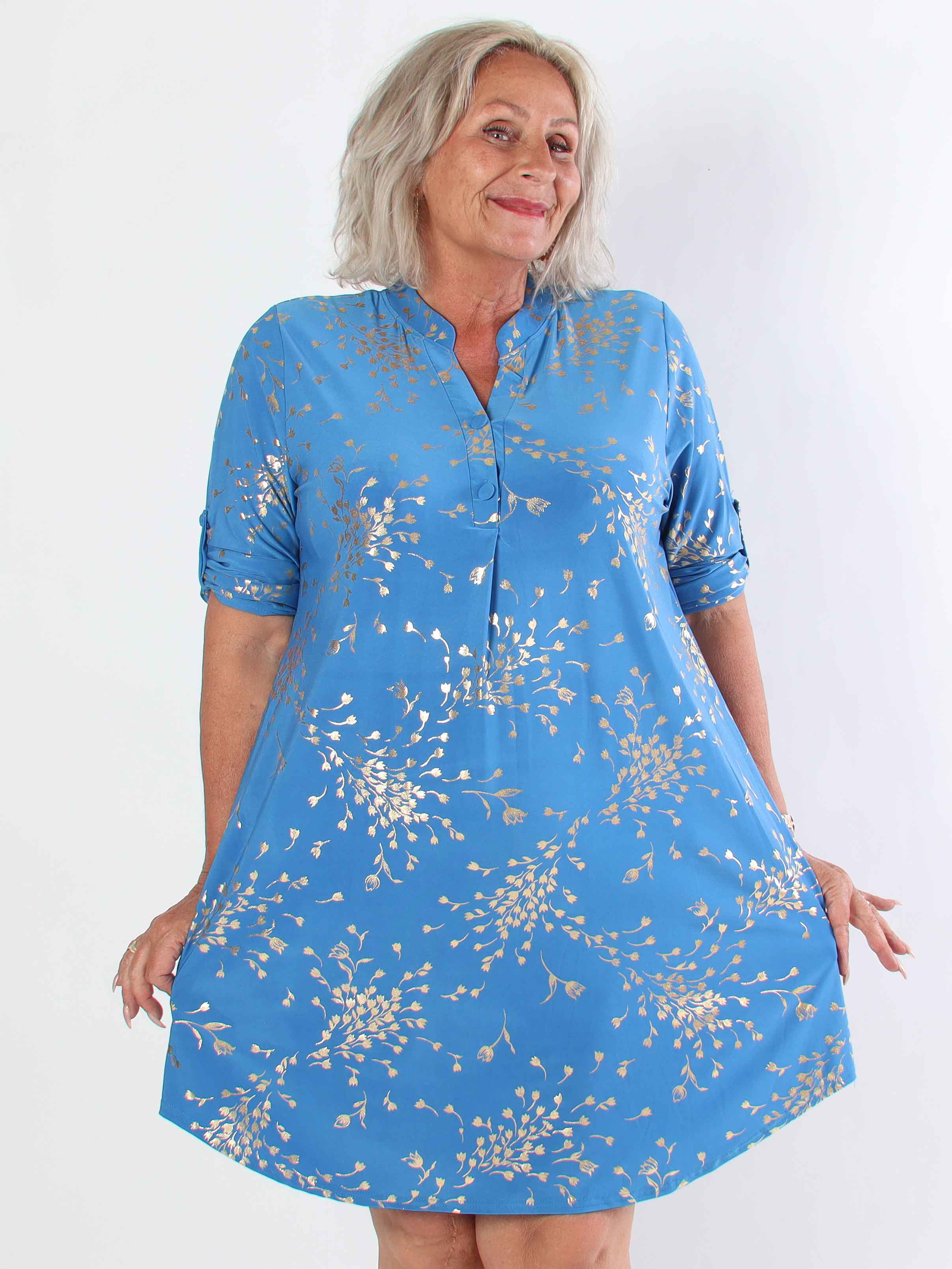 Ebba Gold Leaf Long - Elastisk enfärgad plus size klänning med guld blommigt mönster