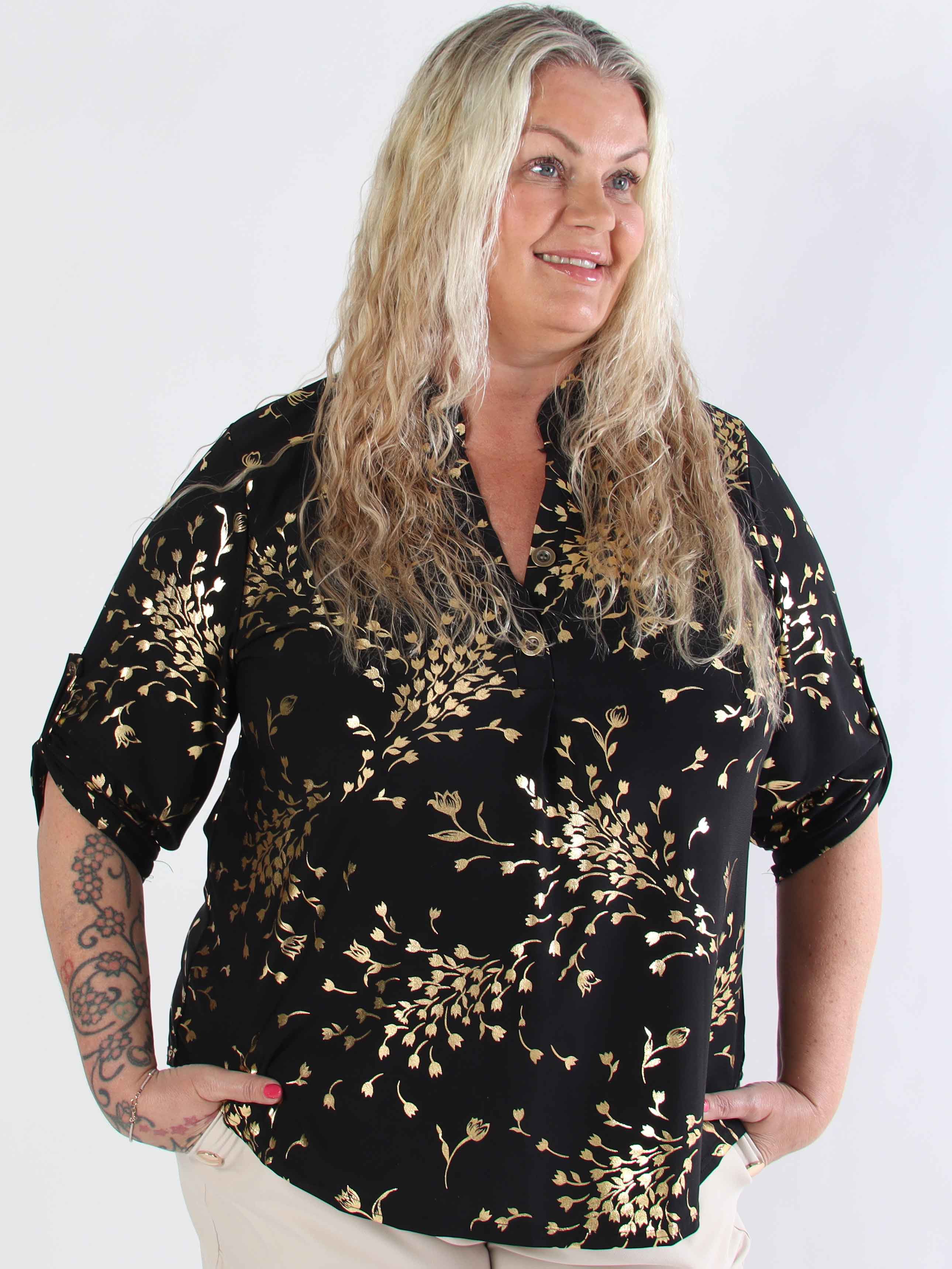 Ebba Gold Leaf Shirt - Elastisk plus size blus mönstrad med bladguld