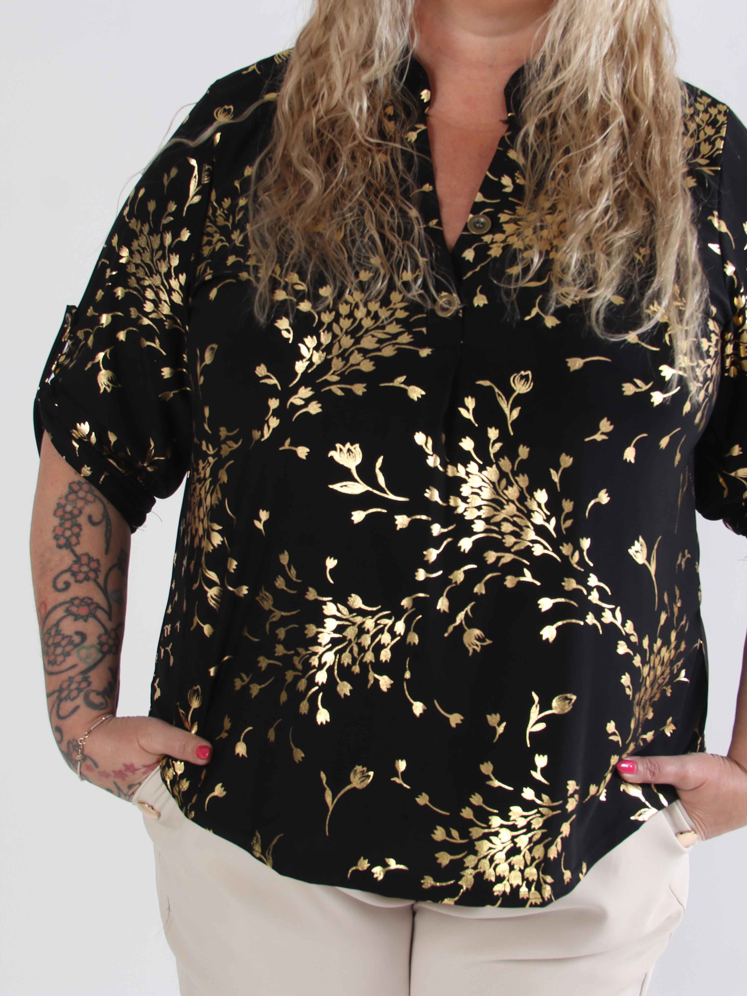Ebba Gold Leaf Shirt - Elastisk plus size blus mönstrad med bladguld