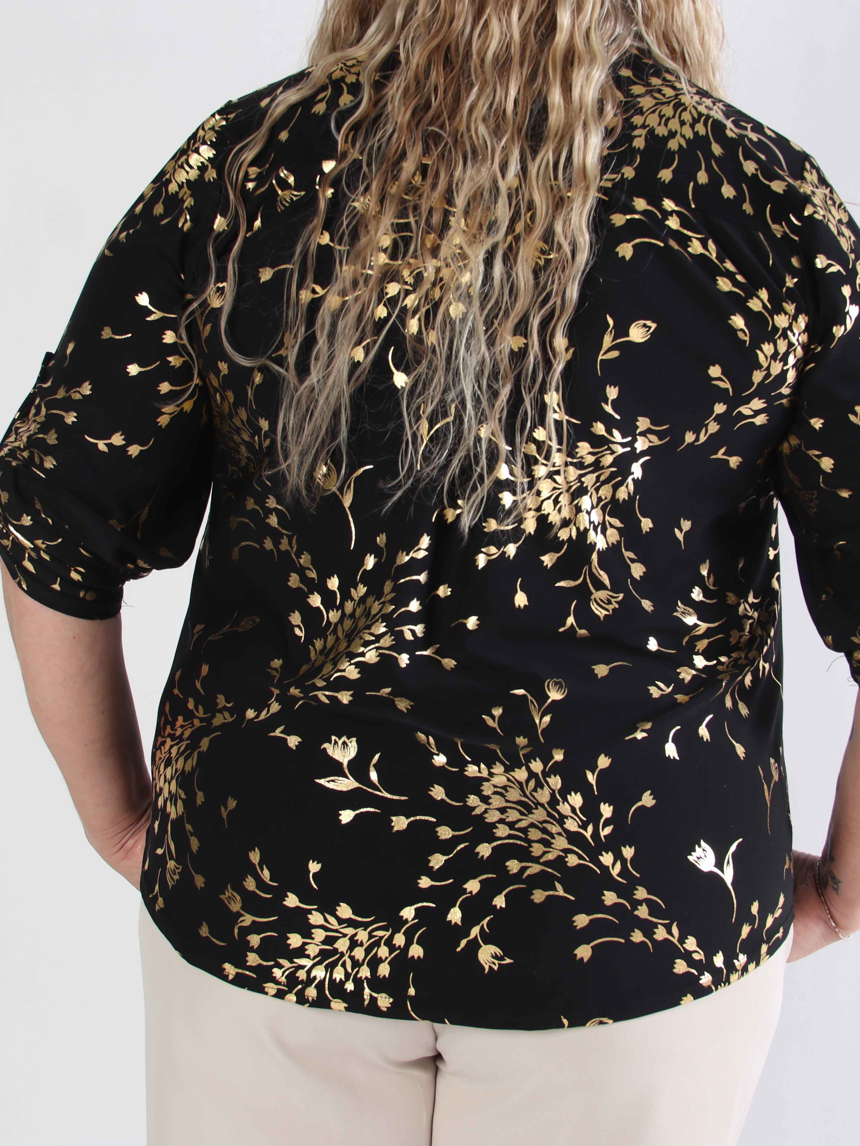 Ebba Gold Leaf Shirt - Elastisk plus size blus mönstrad med bladguld