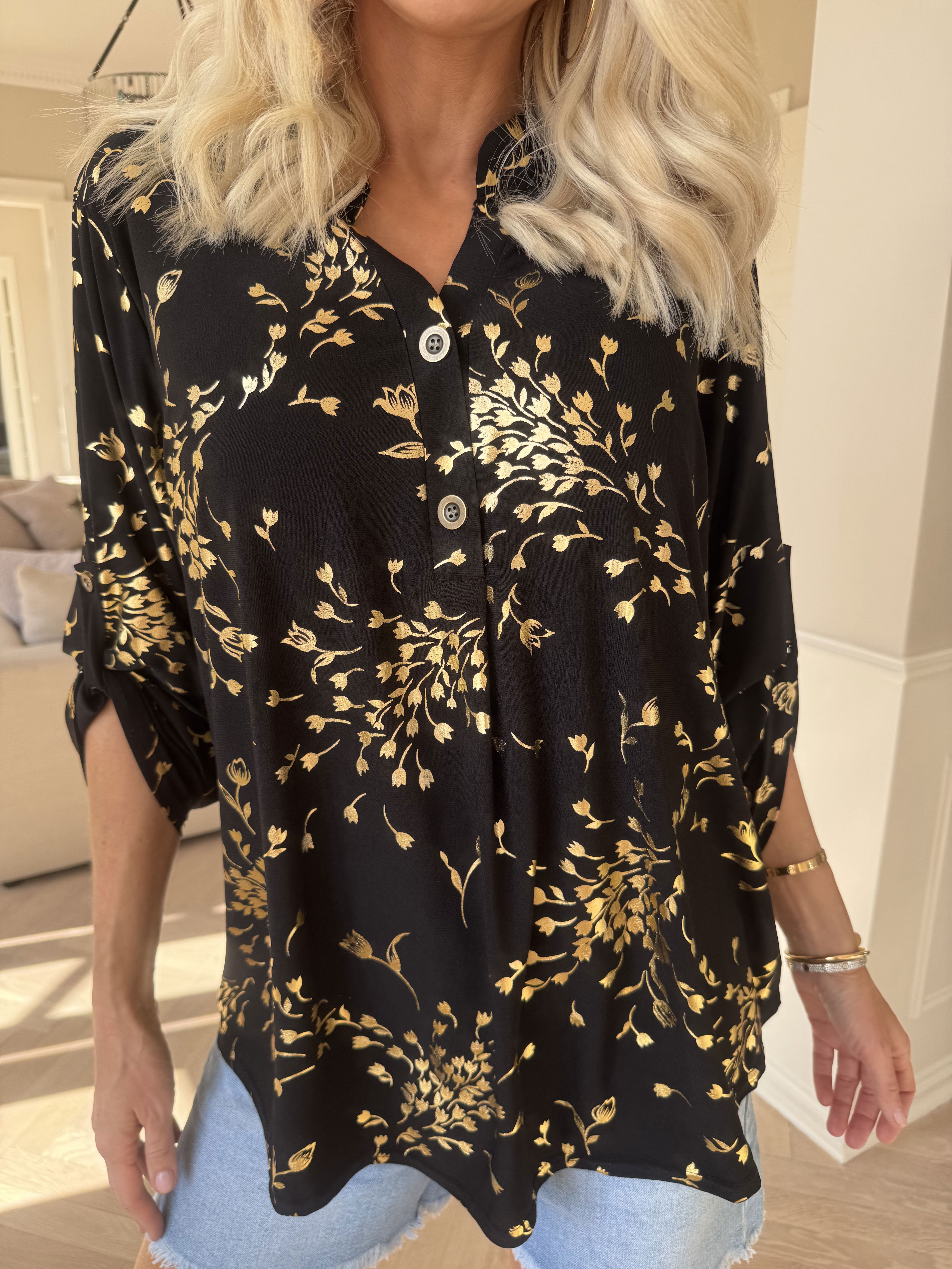 Ebba Gold Leaf Shirt - Elastisk blus mönstrad med bladguld