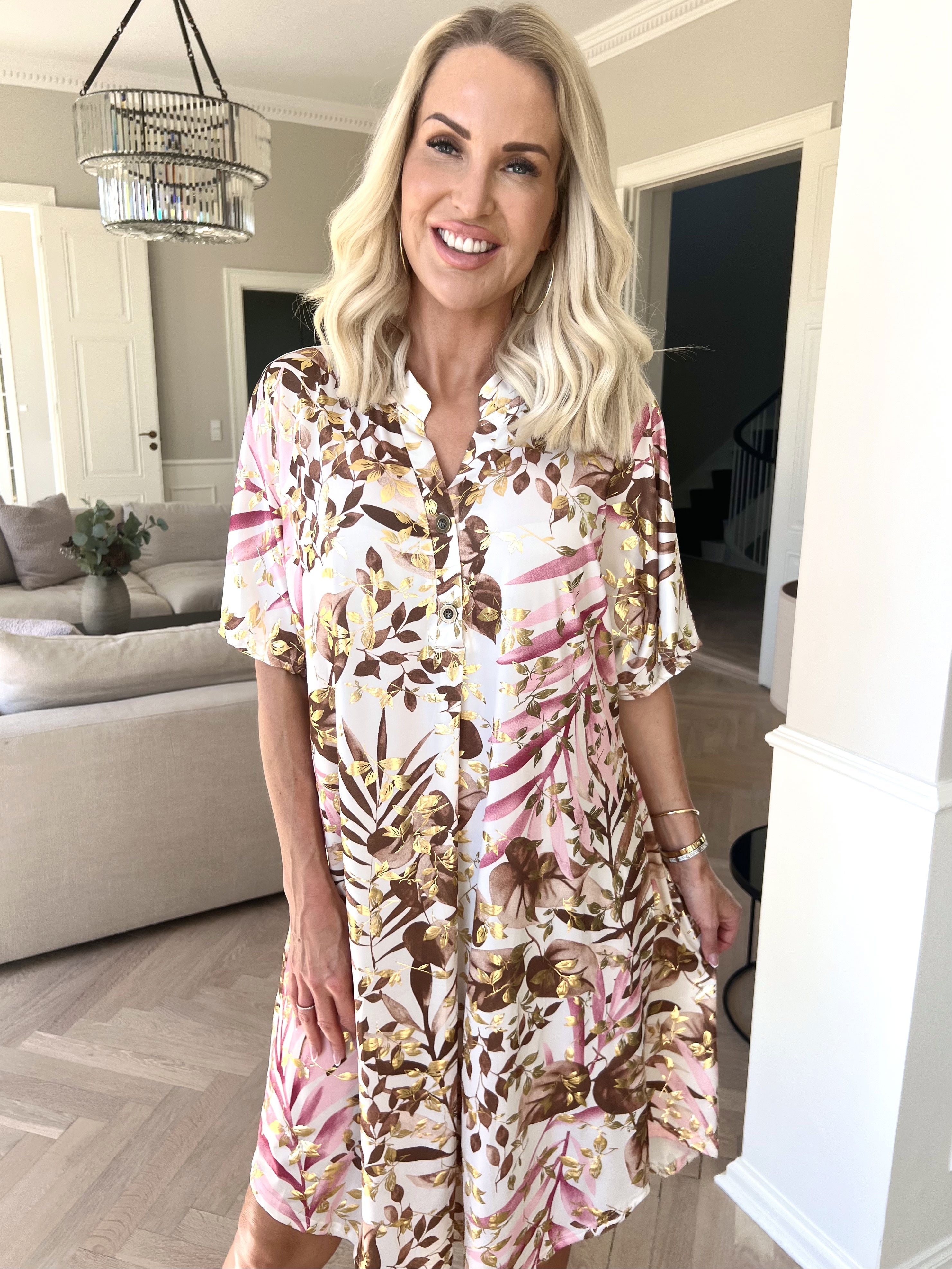 Ebba Gold Leaf Sleeveless - Skjortklänning i stretchigt tyg med bladtryck